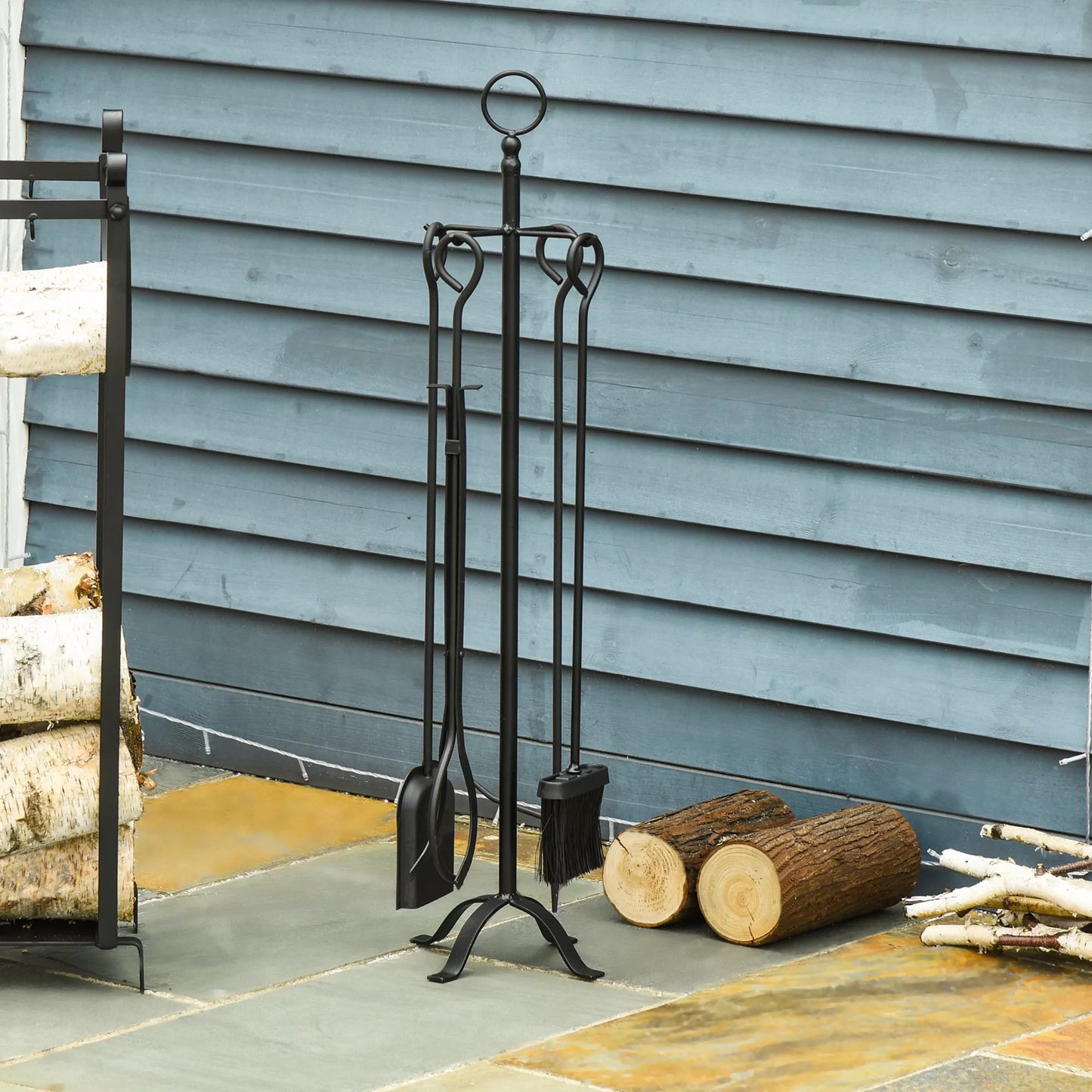 5 dalių židinių komplektas, židinių įrankių rinkinys, skirtas vidaus patalpoms, židinių priedai, židinių krosnelėms, kaltinio geležies įrankiai, metaliniai, juodi, 20 x 20 x 82,5 cm