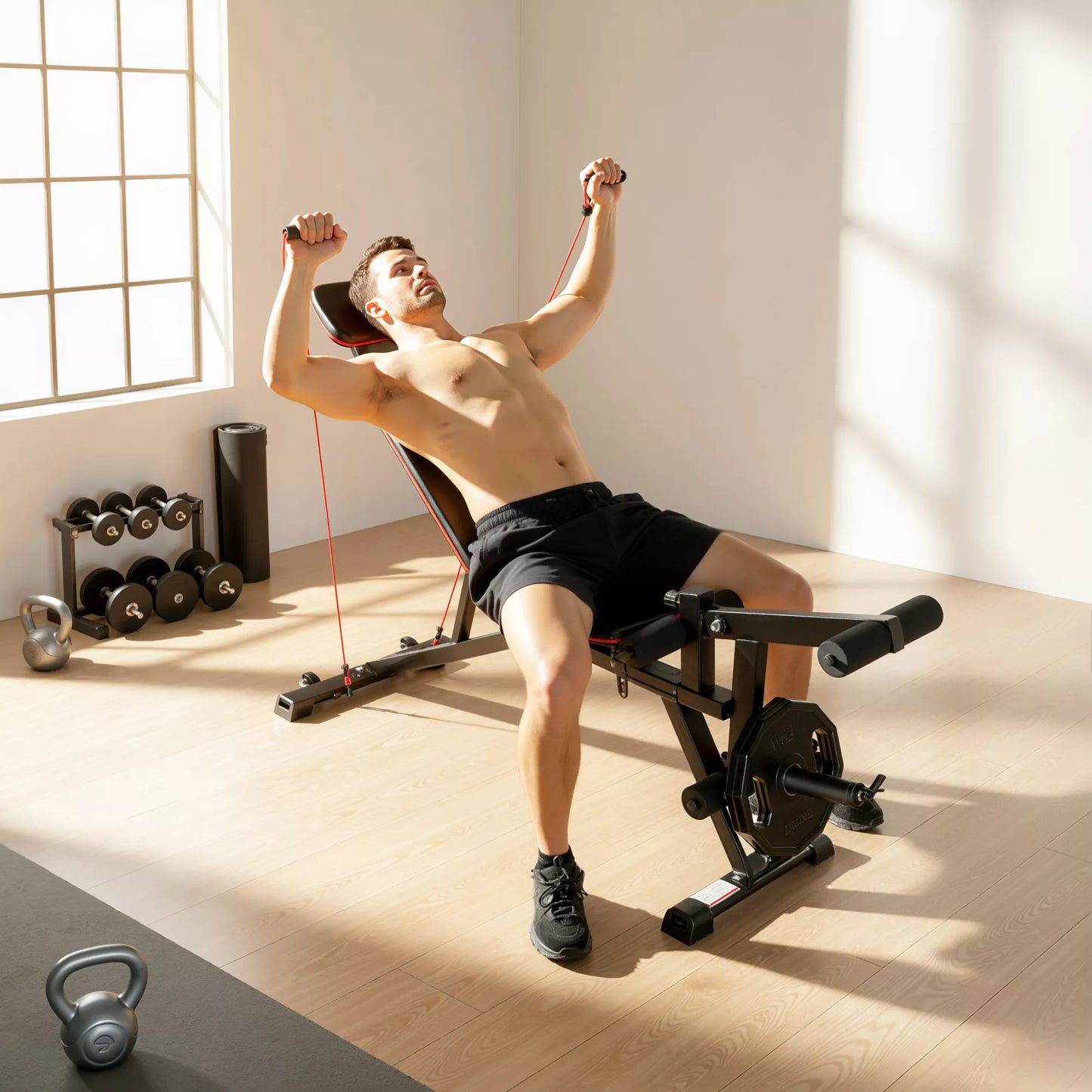 Reguliuojamas hantelų suolas iki 300 kg 3 in 1 treniruočių suolas su ratukais Kojų tiesimo įrenginys Curlpult Galvos atrama Atsparumo juostos