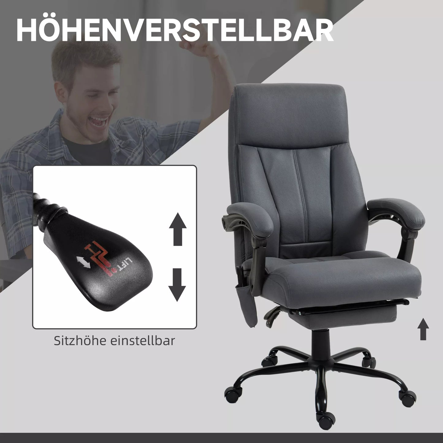 Biuro kėdė su masažo ir šildymo funkcija, kojų atrama, iki 120 kg, tamsiai pilka