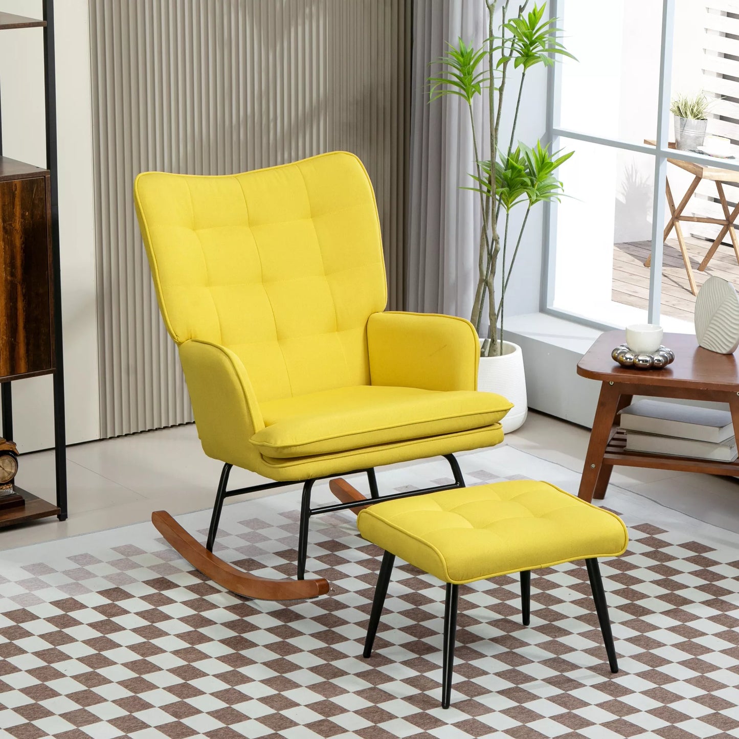 Supamasis krėslas su Osmanu, Skandinaviško dizaino, su pėdų atrama, buko mediena, dygsniuotas, 64 cm x 89 cm x 90 cm, geltonas