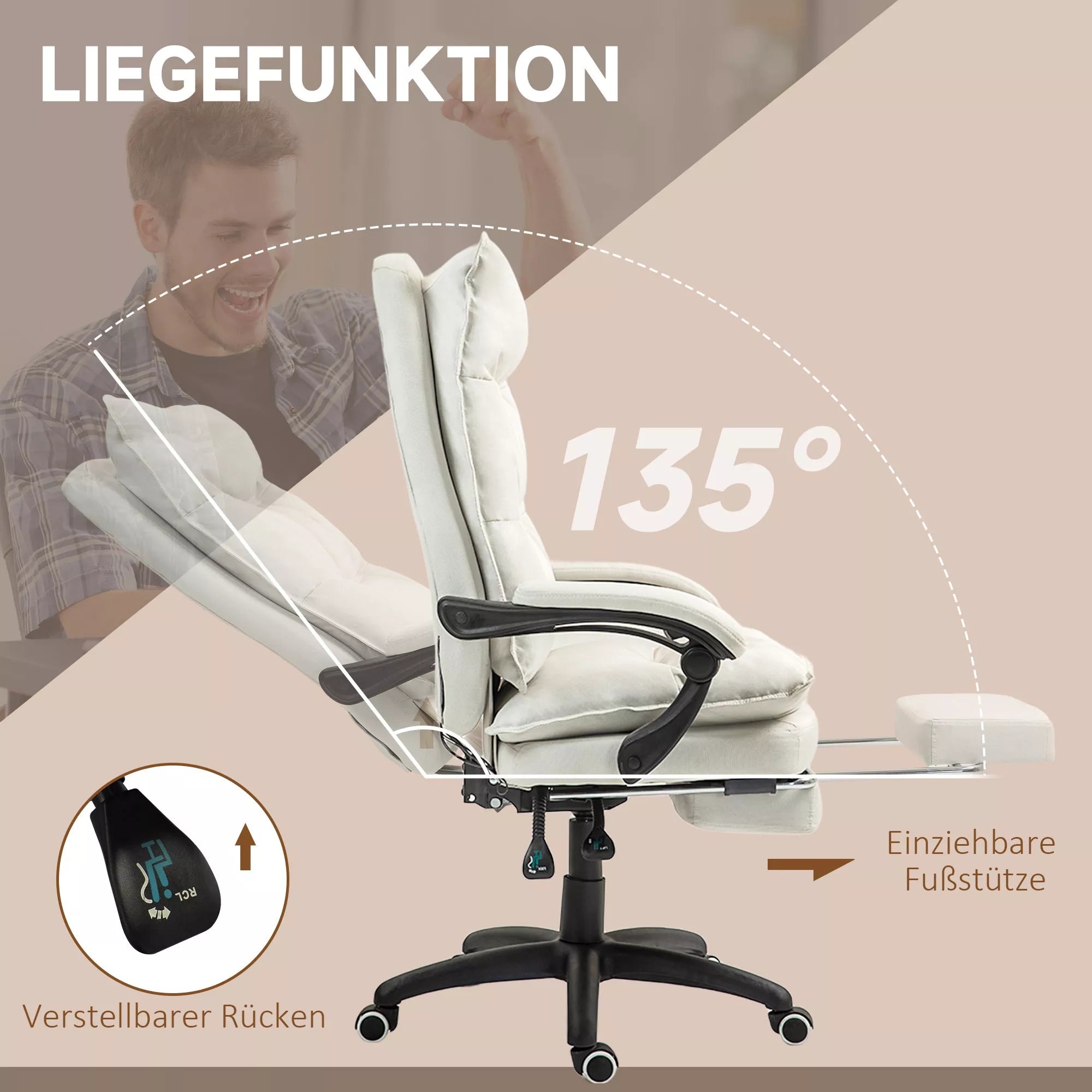Masažinė biuro kėdė, darbo kėdė su masažo funkcija, aukščio reguliuojamas, ergonomiškas pasukamas krėslas, nailonas, kreminės baltos spalvos