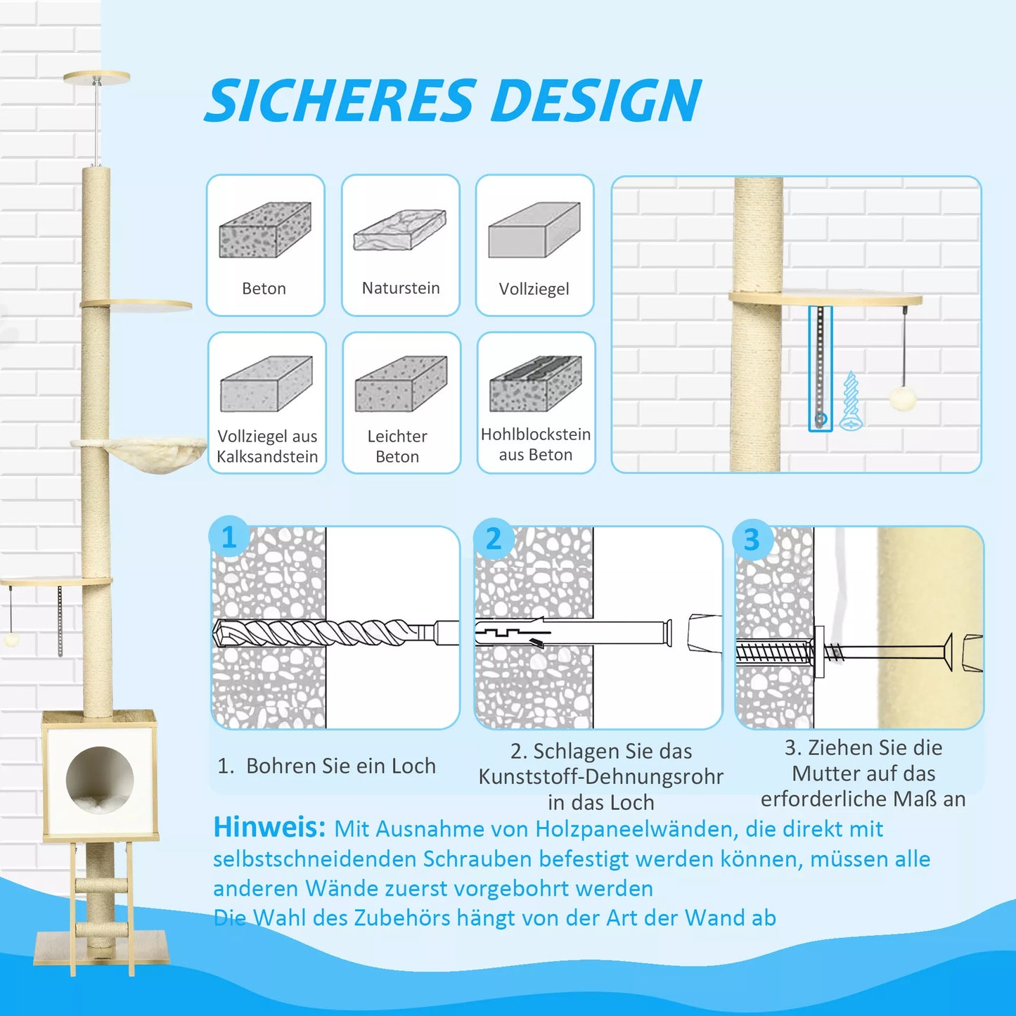 Kačių draskyklė iki lubų, su kačių nameliu, dviem platformomis, hamaku, apsauga nuo apvirtimo, šviesiai rudos ir smėlio spalvos, 40 x 40 x 260 cm
