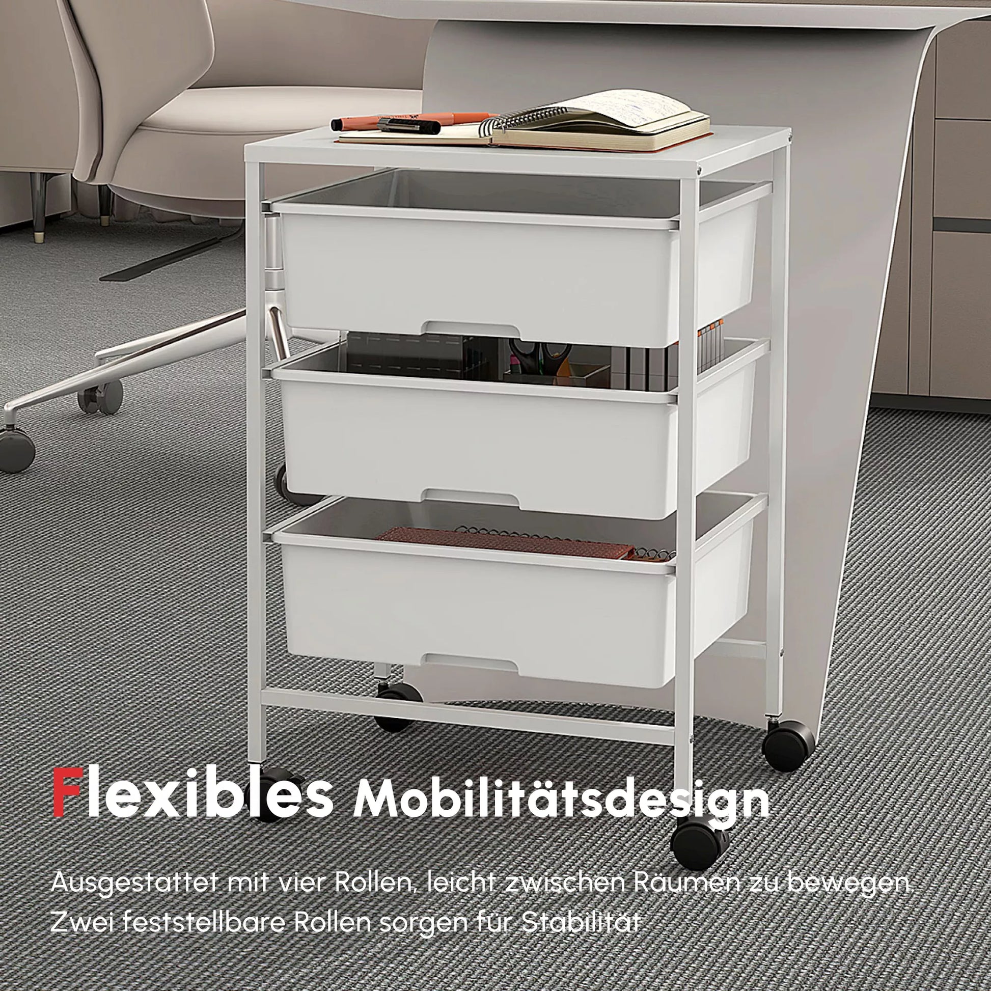 HOMCOM Vežimėlis ant ratukų, 3 krepšeliai transportavimui ir laikymui, virtuvinis vežimėlis, 40,8I x 33,5P x 60,5A cm, baltas