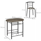 Bistro komplekto matmenų schema: stalas 80x53 cm, kėdė 41x48x77 cm, juodas metalinis rėmas