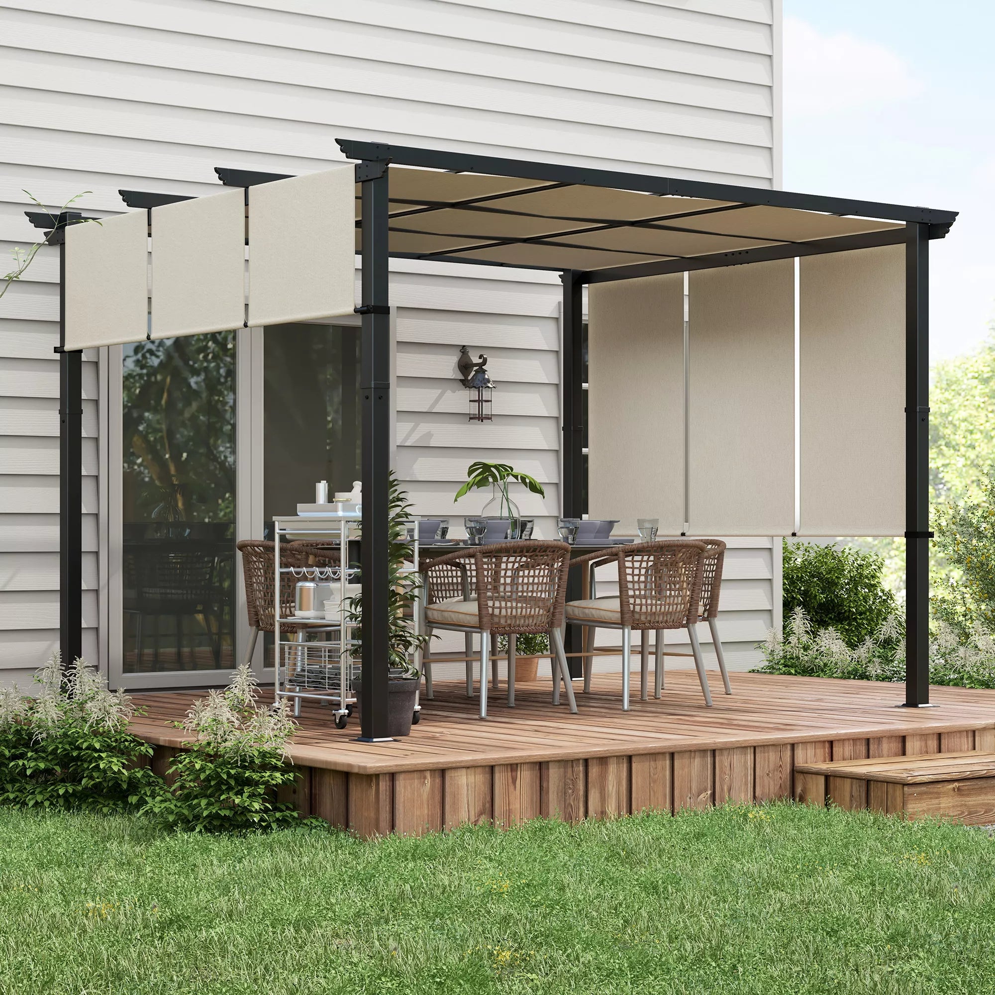 Markizė nuo saulės. Pergola, atspari oro sąlygoms, su tvirtinimo detalėmis, 3 x 3,5 m, smėlio spalvos