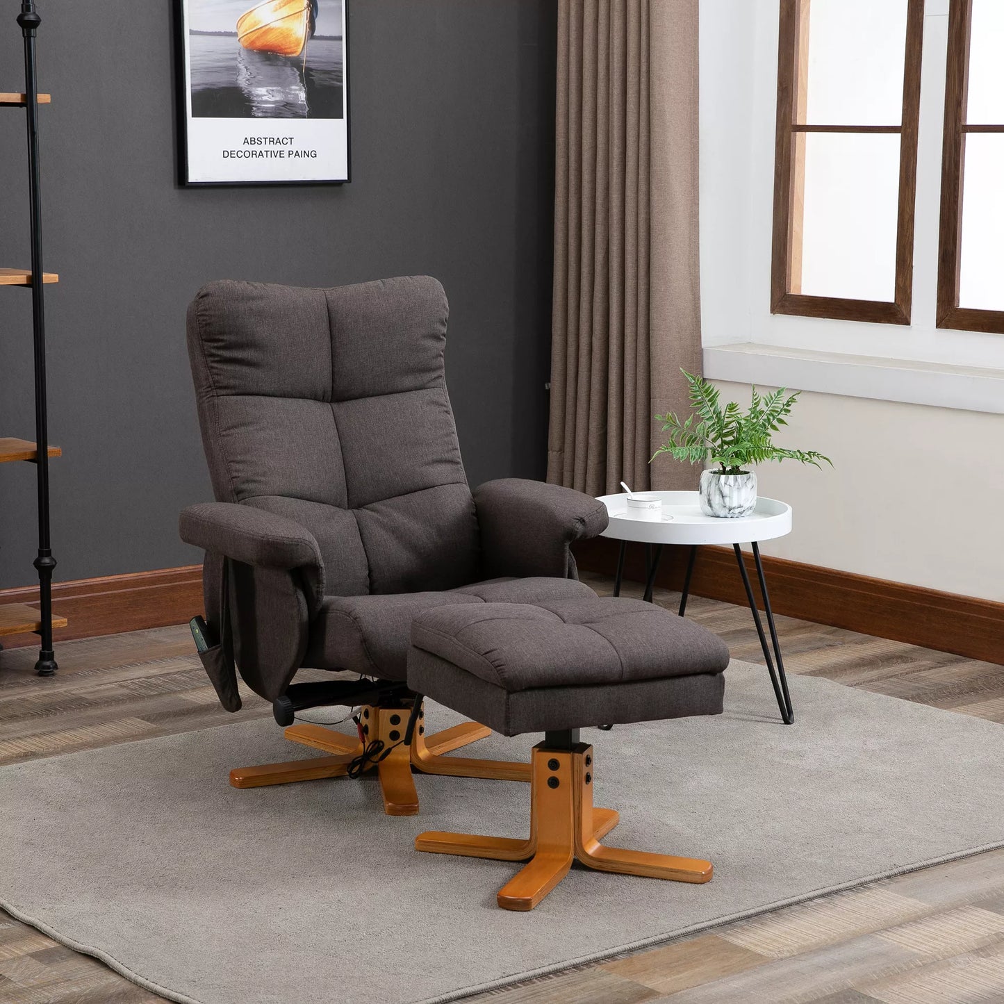 Elektrinis relaksinis masažinis krėslas su pakoja, laikymo erdve, gulėjimo funkcija, besisukantis TV krėslas su šonine kišene, nuotolinio valdymo pultelis, medinis rėmas, poliesteris, rudas