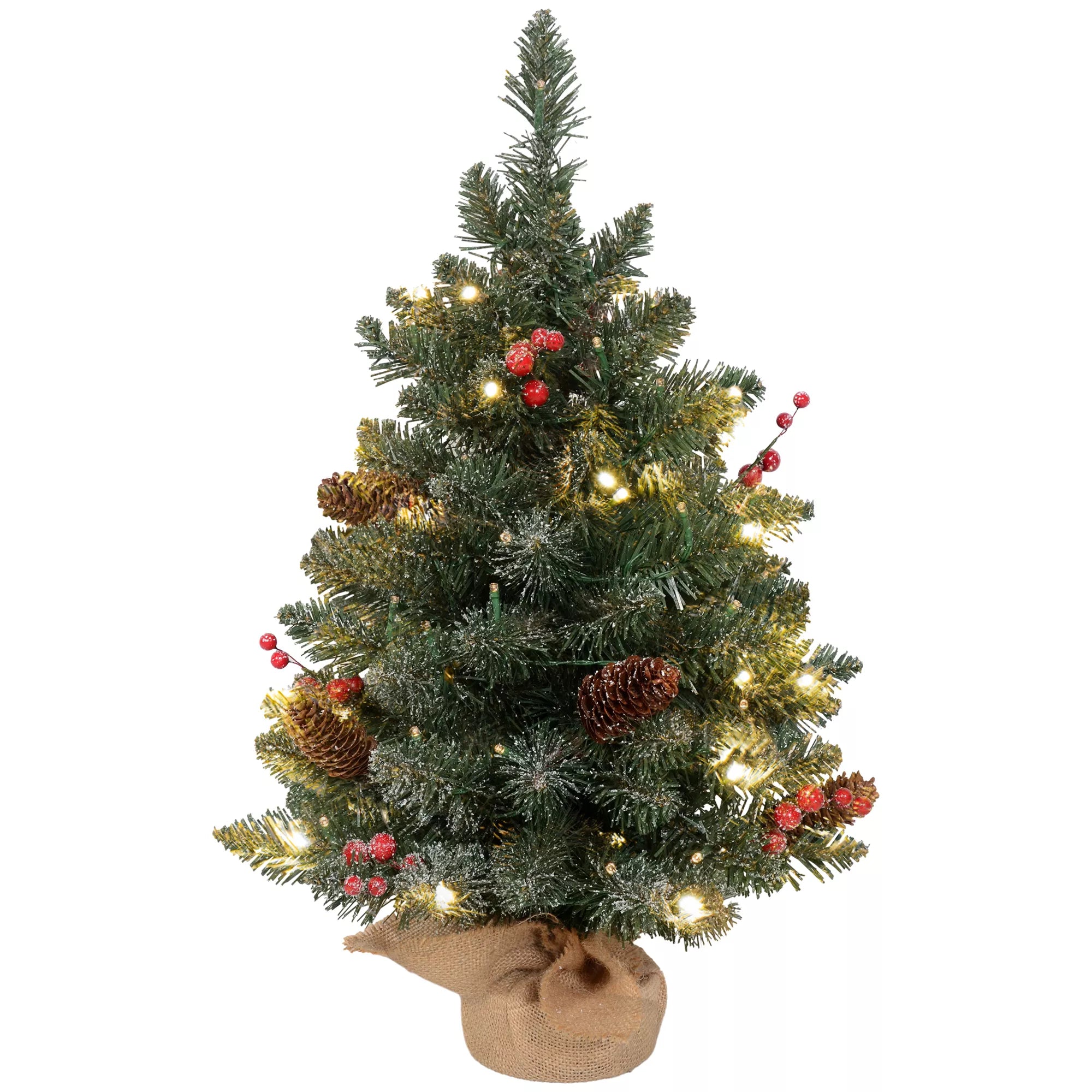 Kalėdinė eglutė su LED apšvietimu, 60 cm, pušies kankorėžiais ir raudonomis uogomis, su stovu, Žalia/Balta