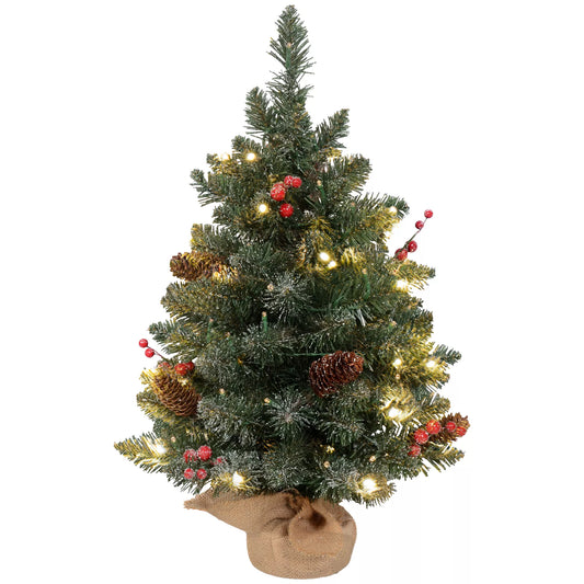 Kalėdinė eglutė su LED apšvietimu, 60 cm, pušies kankorėžiais ir raudonomis uogomis, su stovu, Žalia/Balta