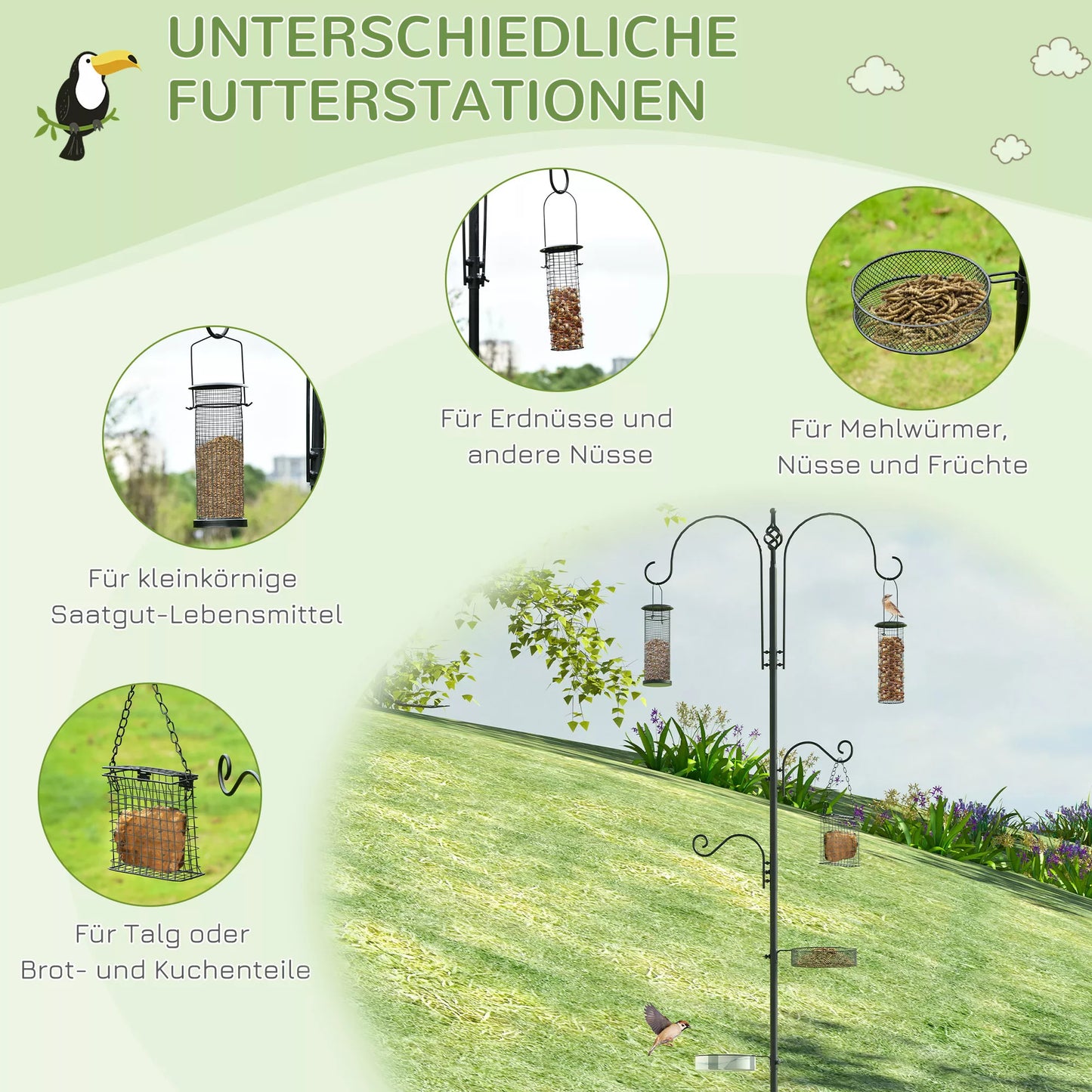 Paukščių lesyklos rinkinys iš plieno, aukštis 208 cm, su 4 kabliukais, paukščių girdykla, lesinimo lėkštė, pilnas lesalų stulpas, lesyklos stotis, juoda