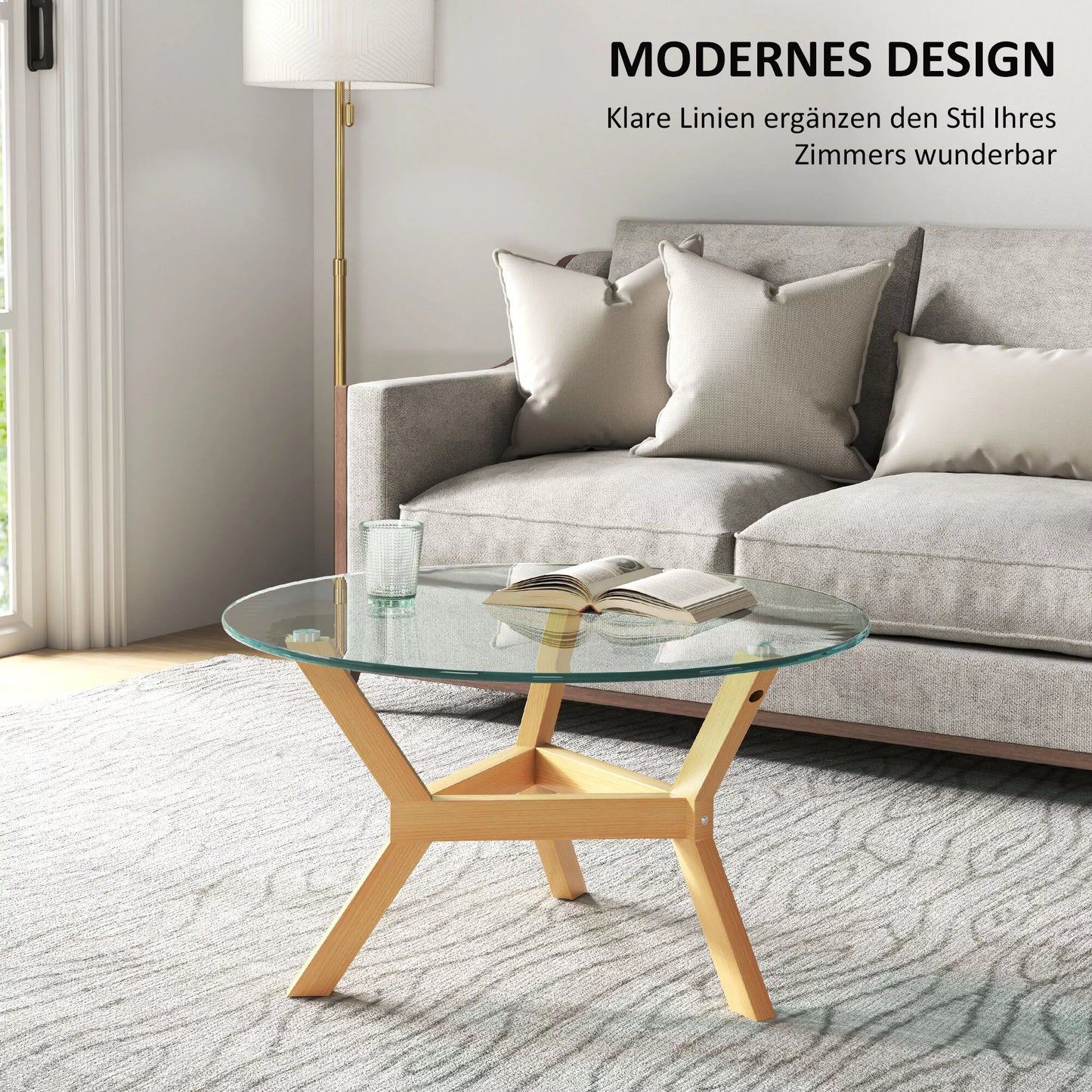 Apvalus staliukas iš grūdinto stiklo su reguliuojamais padukais ir plieniniu rėmu, skirtas svetainei, miegamajam