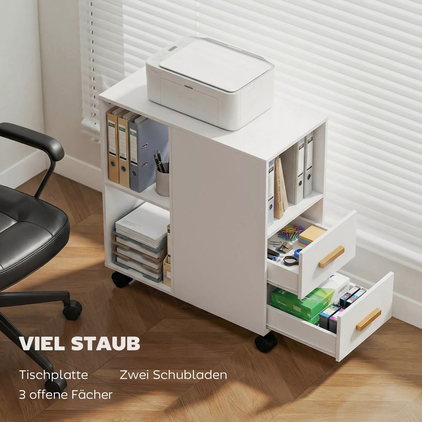 Spausdintuvo staliukas su reguliuojama lentyna, biuro stovas ant ratukų faksui ir skeneriui, mdf ir metalas, 60x30x65 cm, balta