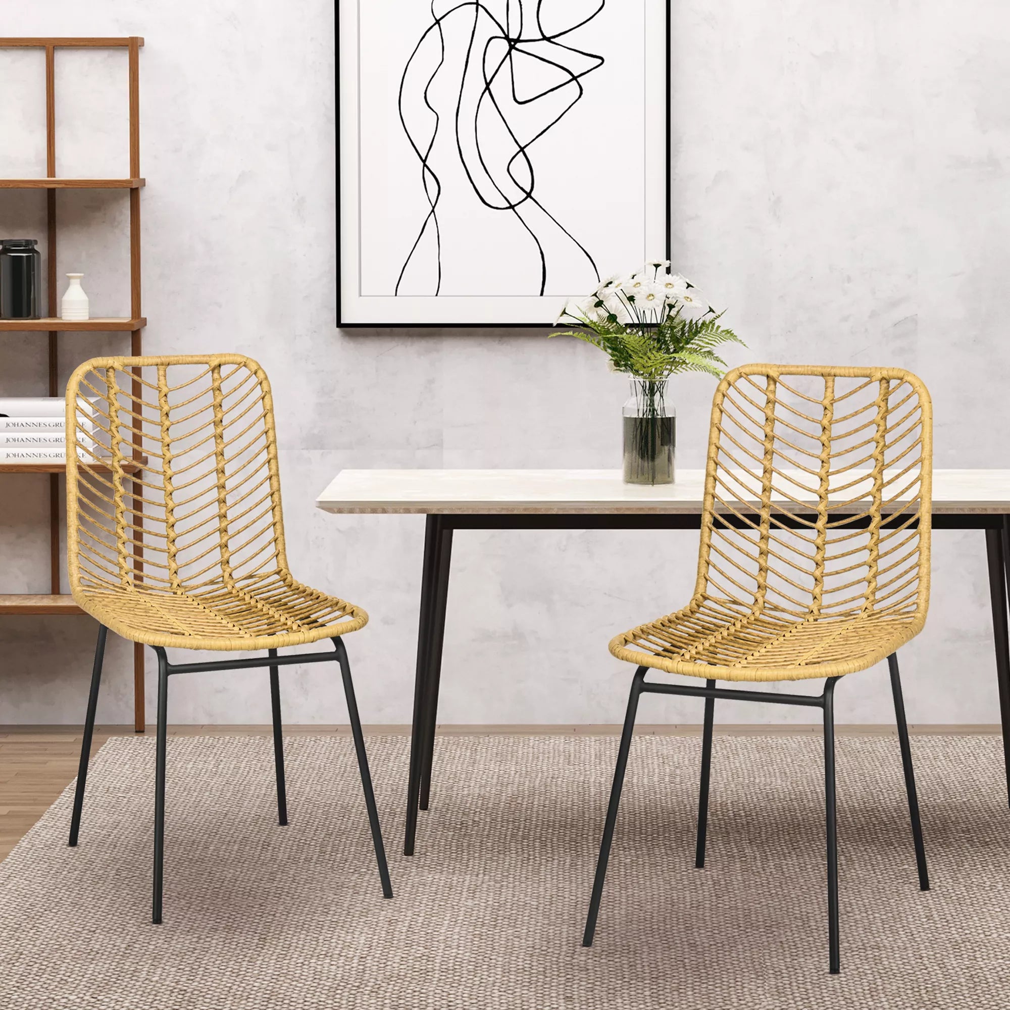 2 vnt. boho stiliaus valgomojo kėdės, akcentinės kėdės, PE rotangas, 44 cm x 58 cm x 85 cm, natūralios + geltonos spalvos