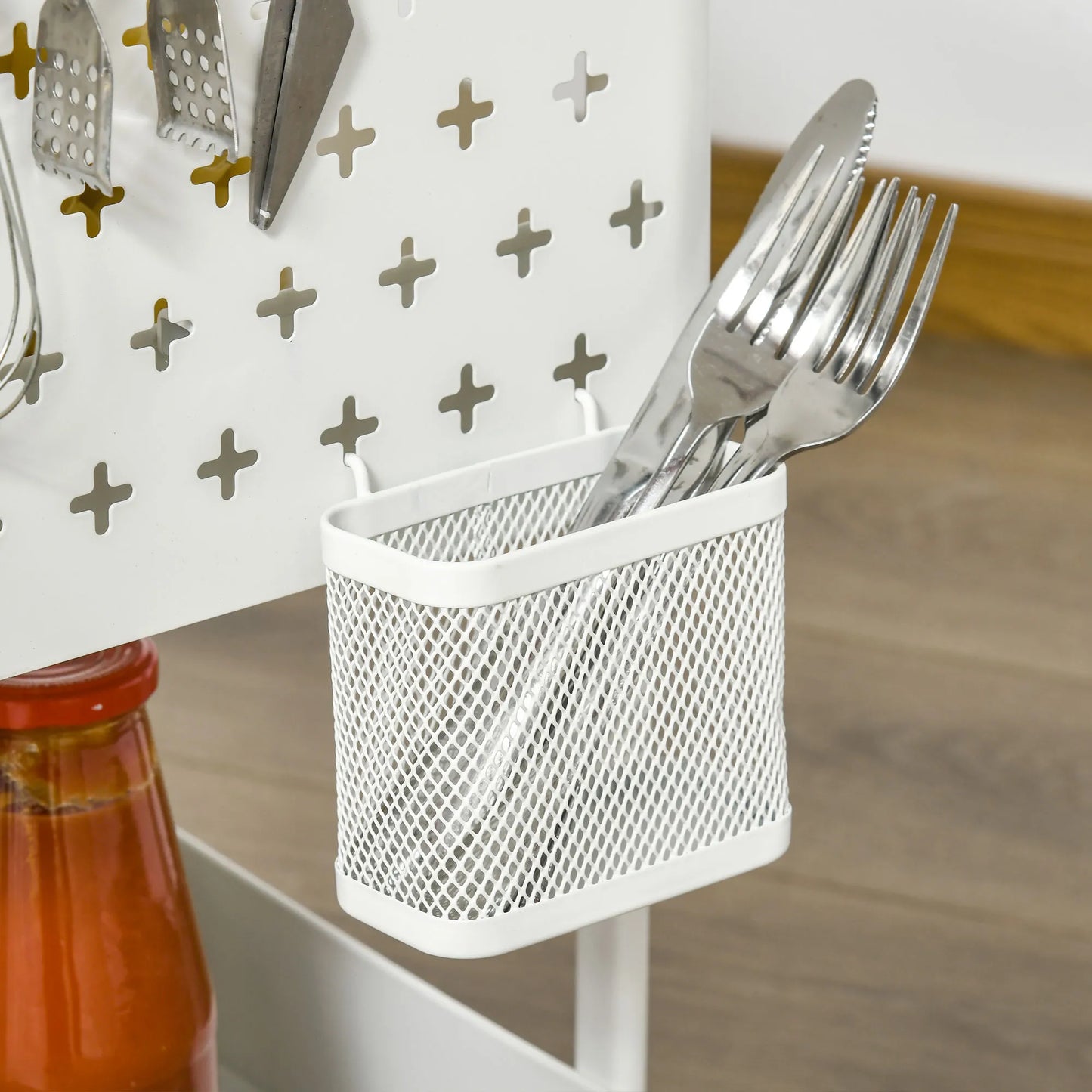 Virtuvinis vežimėlis su perforuota lenta, rankšluosčių laikikliais ir laikymo krepšiais, 51,5 cm x 32 cm x 75,6 cm, Baltas