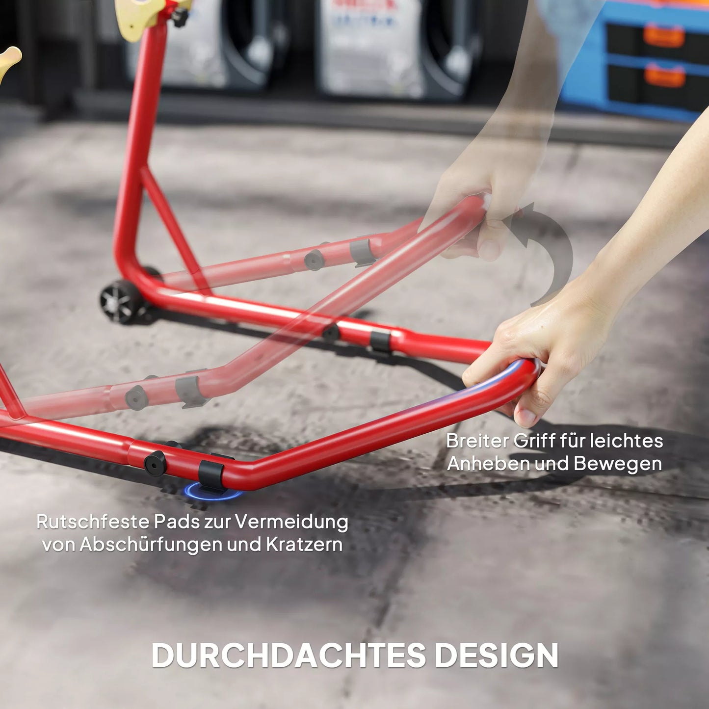 Motociklo stovas priekiniam/galiniam ratui, montavimo stovas, keltuvas iki 544 kg, plienas, raudonas