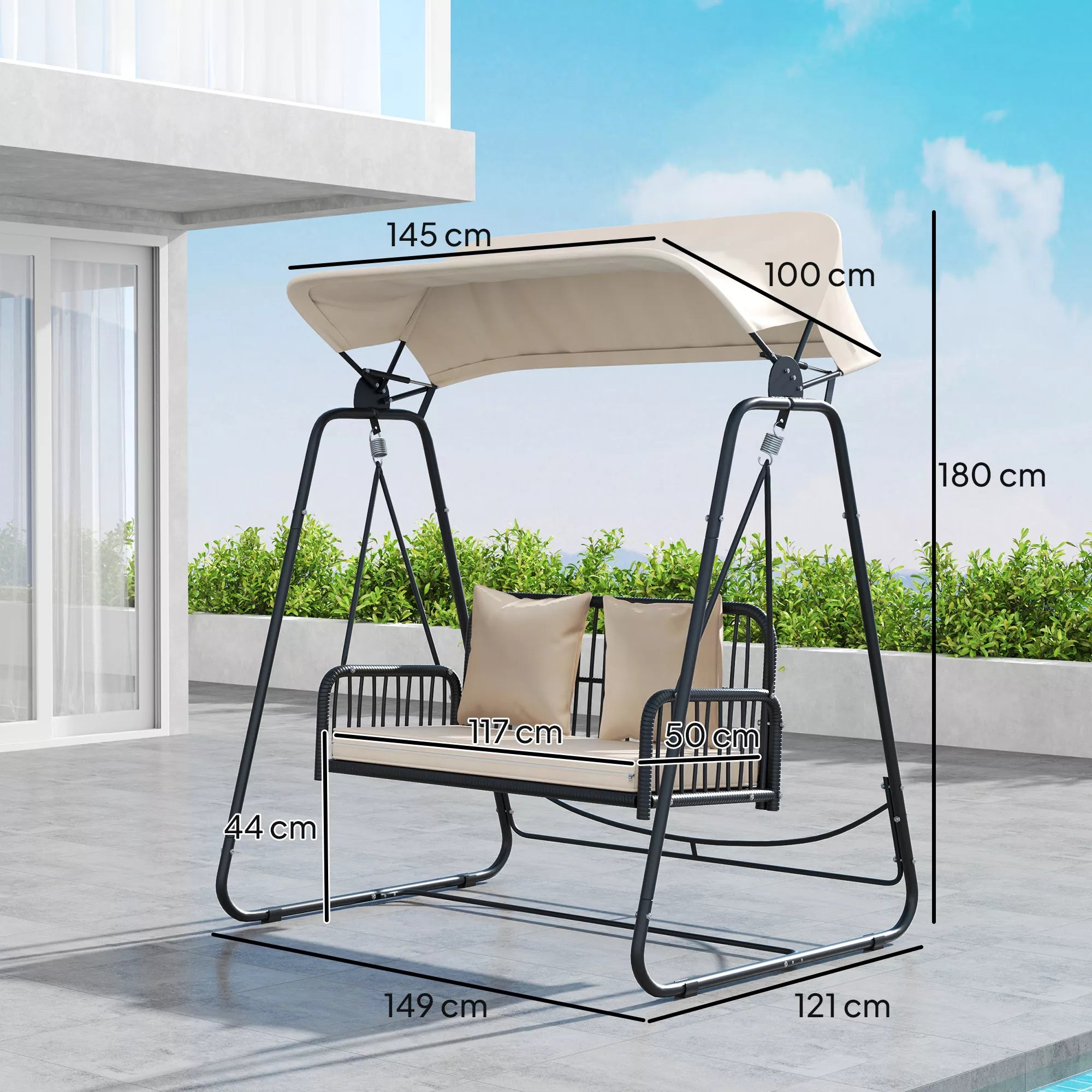 Lauko, sodo  sūpynės Rotango 2-vietės sodo sūpynės su saulės stogu Pagalvės iki 240 kg 149 x 121 x 180 cm Chaki