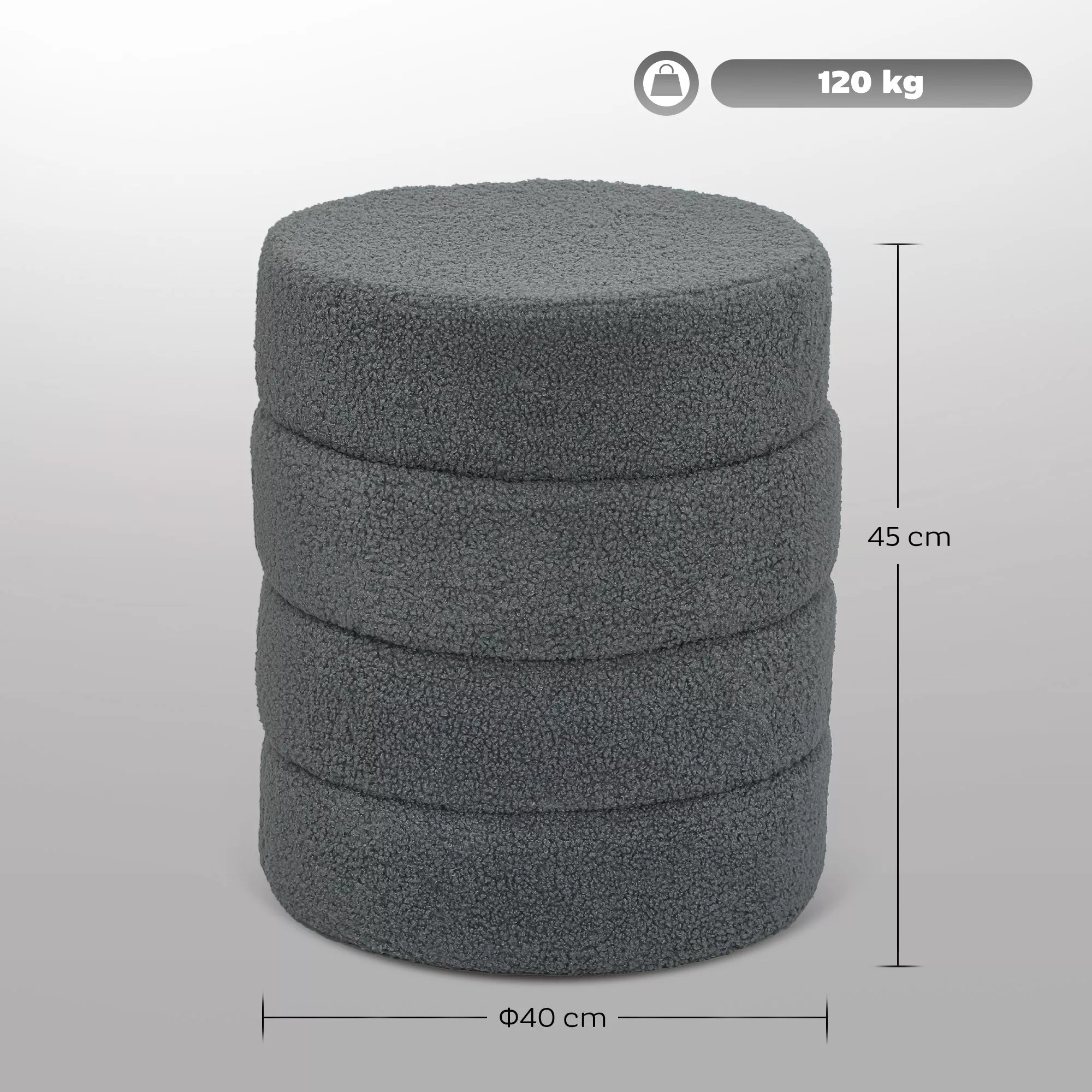Apvalus pufas su Teddy audiniu, iki 120 kg, 40x40x45 cm, tamsiai pilkas
