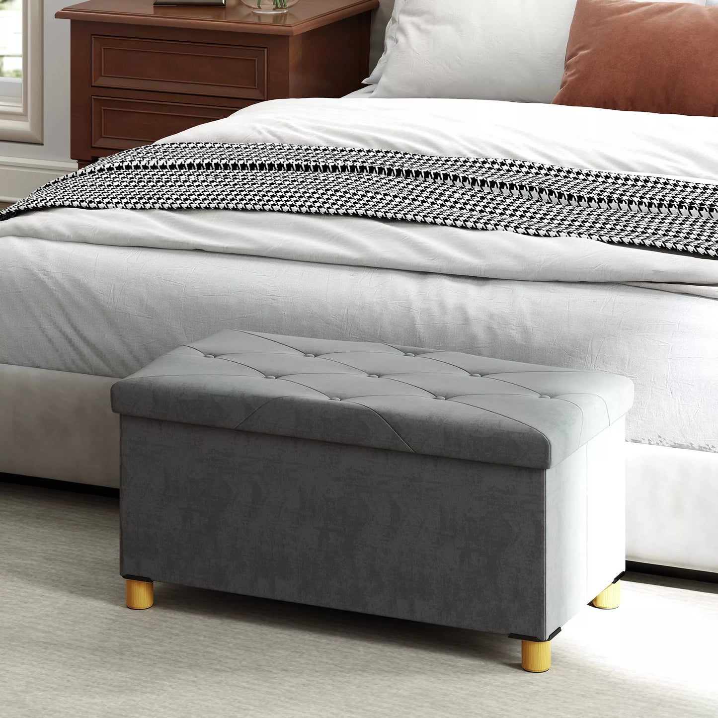 67 litrų laikymo suolas, su daiktadėže ir dangčiu, minkštas aksomo išvaizdos apmušalas, įvairioms patalpoms, pilkos spalvos