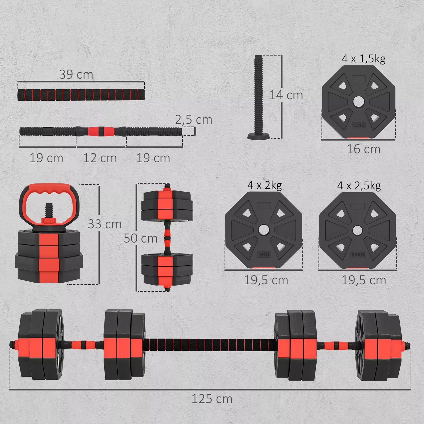 4-in-1 svarmenų rinkinys, reguliuojamas 25 KG, trumpieji ir ilgieji svarmenys jėgos treniruotėms namuose