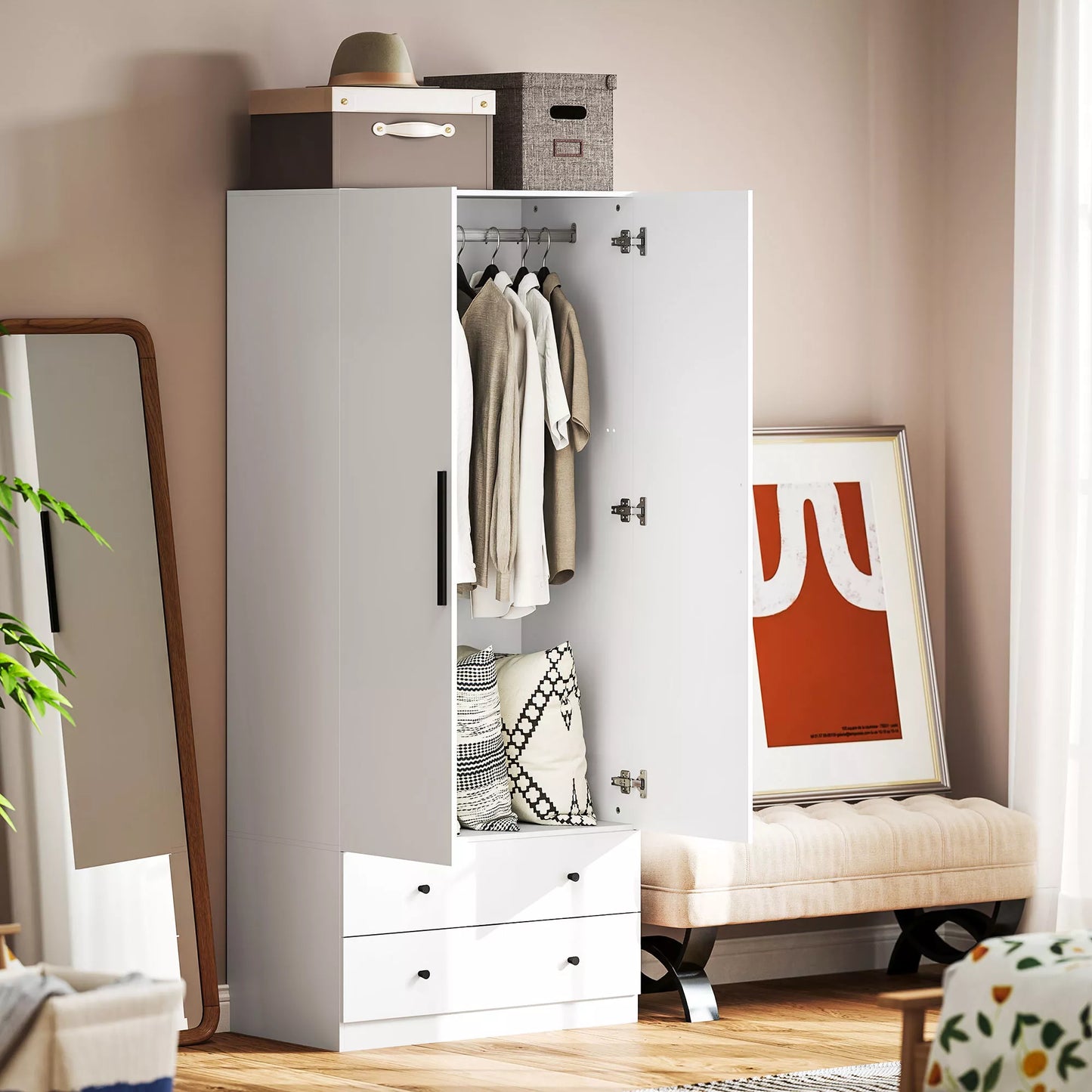 Drabužių spinta, 2 durys, pakabinama zona, drabužių kabykla, 2 stalčiai, medžio drožlių plokštė, balta