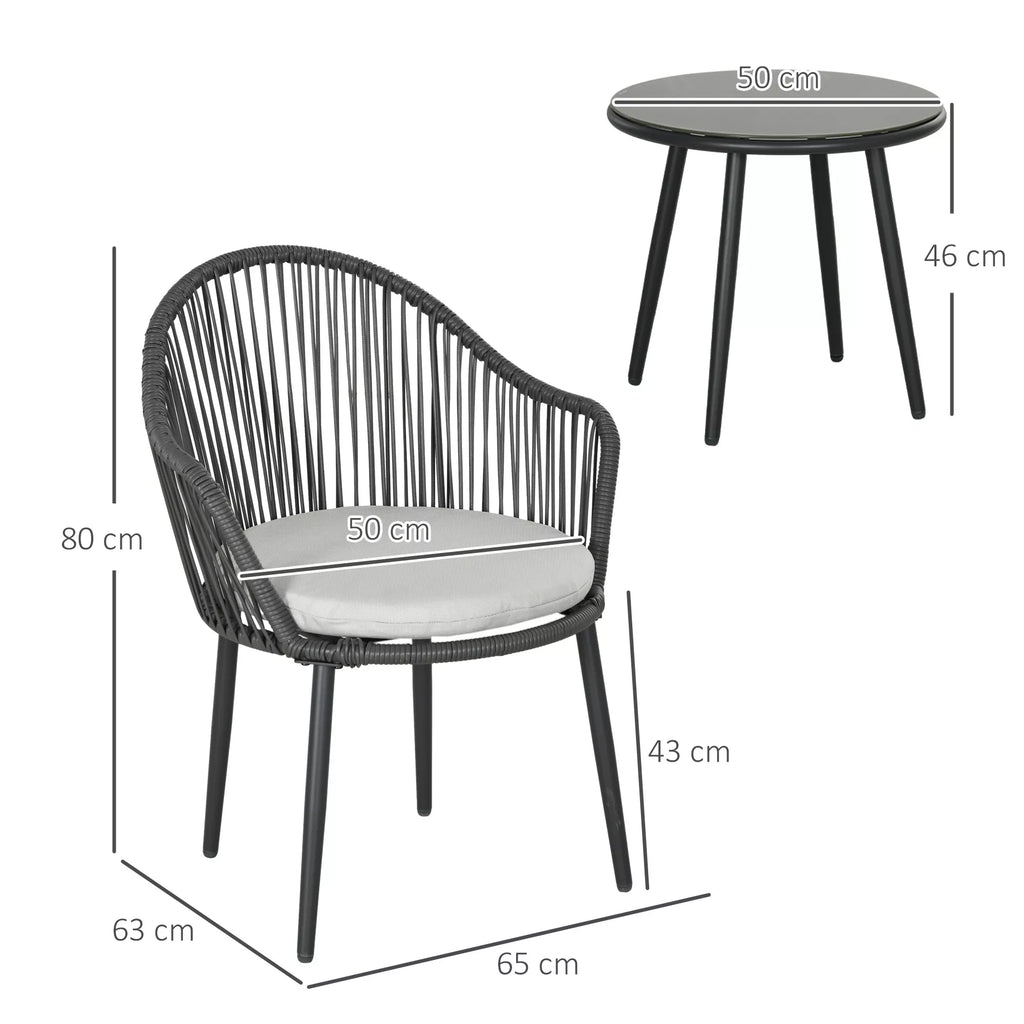 Bistro komplektas, rotango sofos komplektas, lauko baldų komplektas, 2 kėdės, 1 stalas, atsparus oro sąlygoms, 65 x 63 x 80 cm, Tamsiai pilkas + Šviesiai pilkas