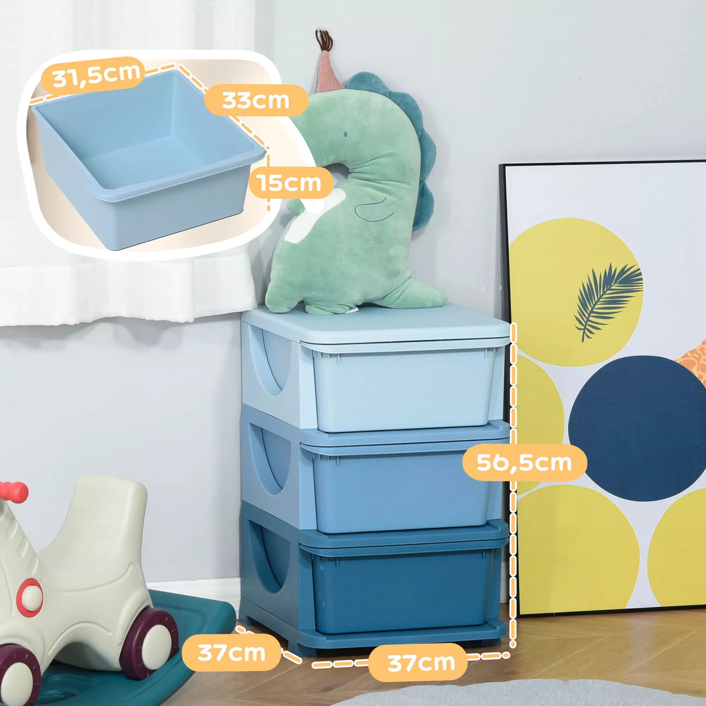 Laikymo dėžės vaikams, 3 stalčiai, suapvalinti kraštai, paaukštintas dizainas, 37x37x56,5 cm, Mėlyna