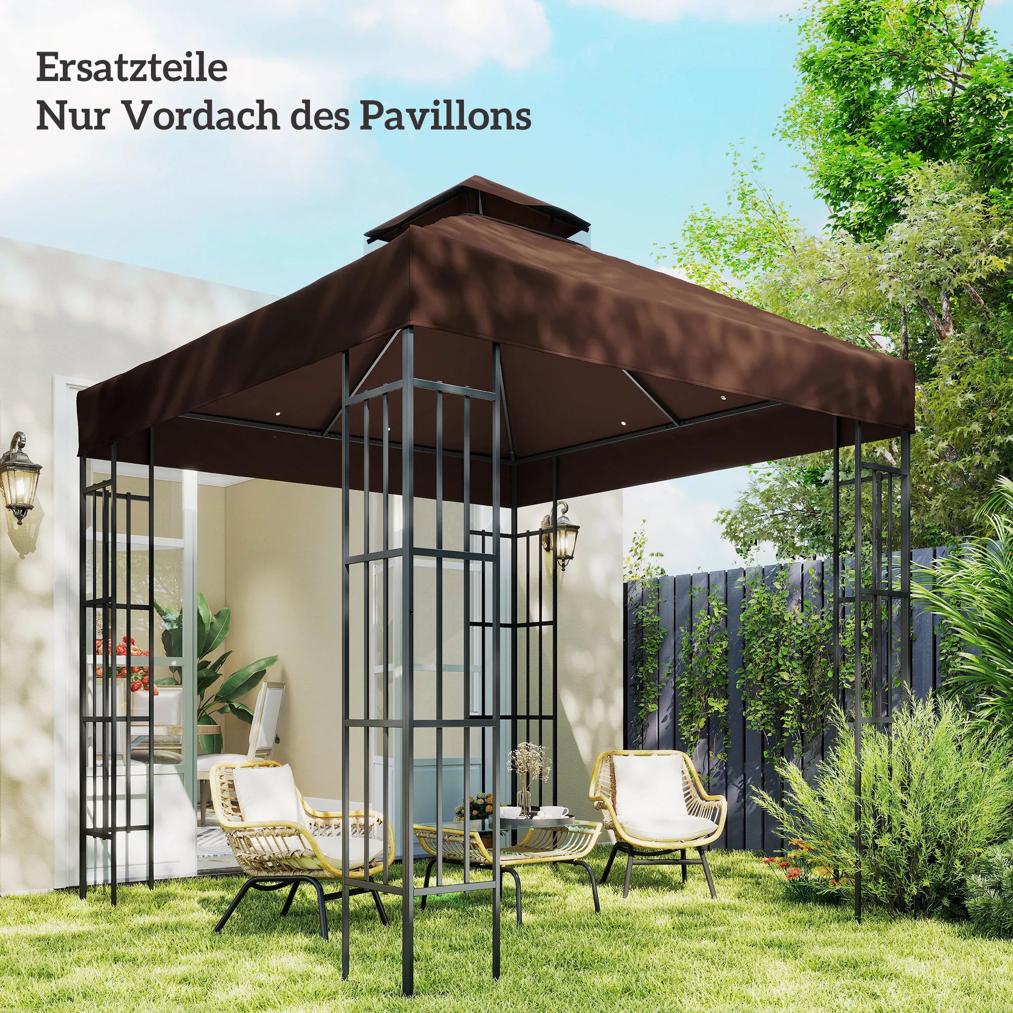 Pavėsinės stogas, paviljono uždanga su nutekėjimo angomis ir upf30+ apsauga, poliesteris, 3x3 m, kavos ruda
