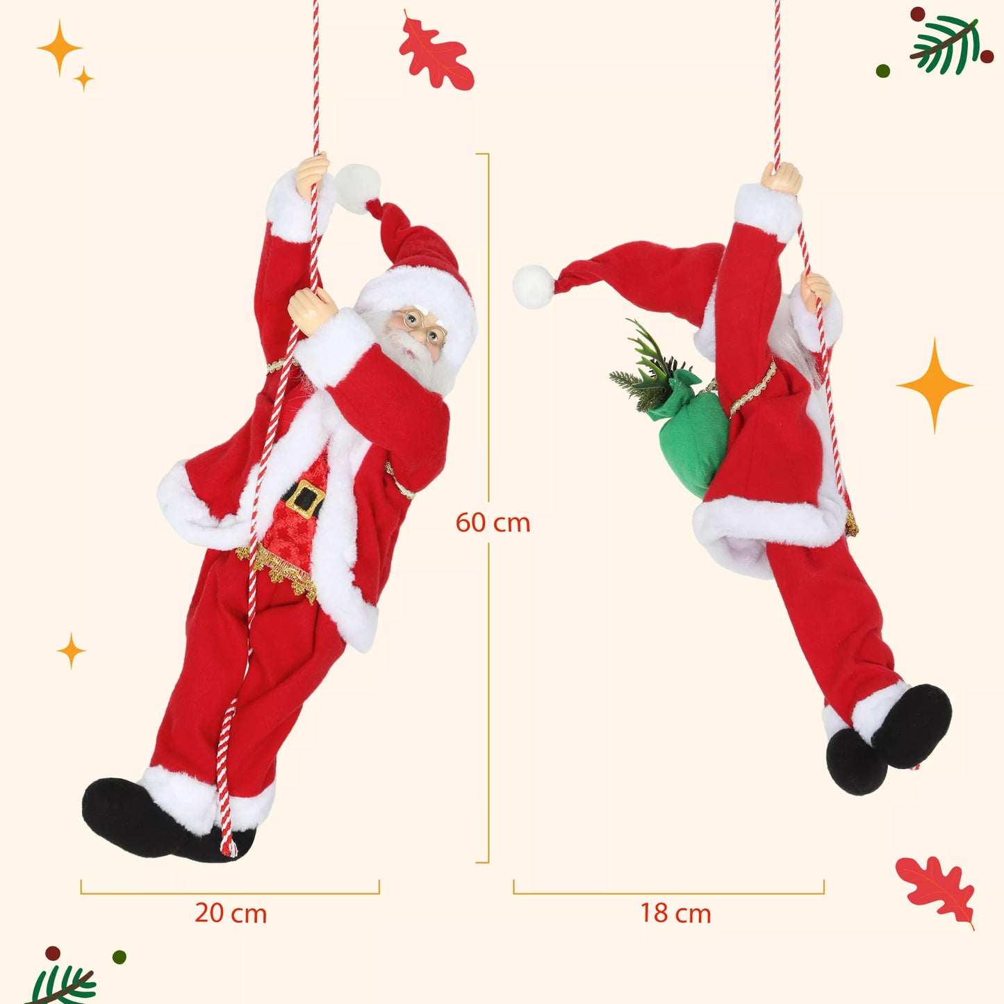 HOMCOM 60 cm dainuojantis ir lipantis Kalėdų senis su dovanų virve ir garso funkcija, raudonas, skirtas naudoti patalpose