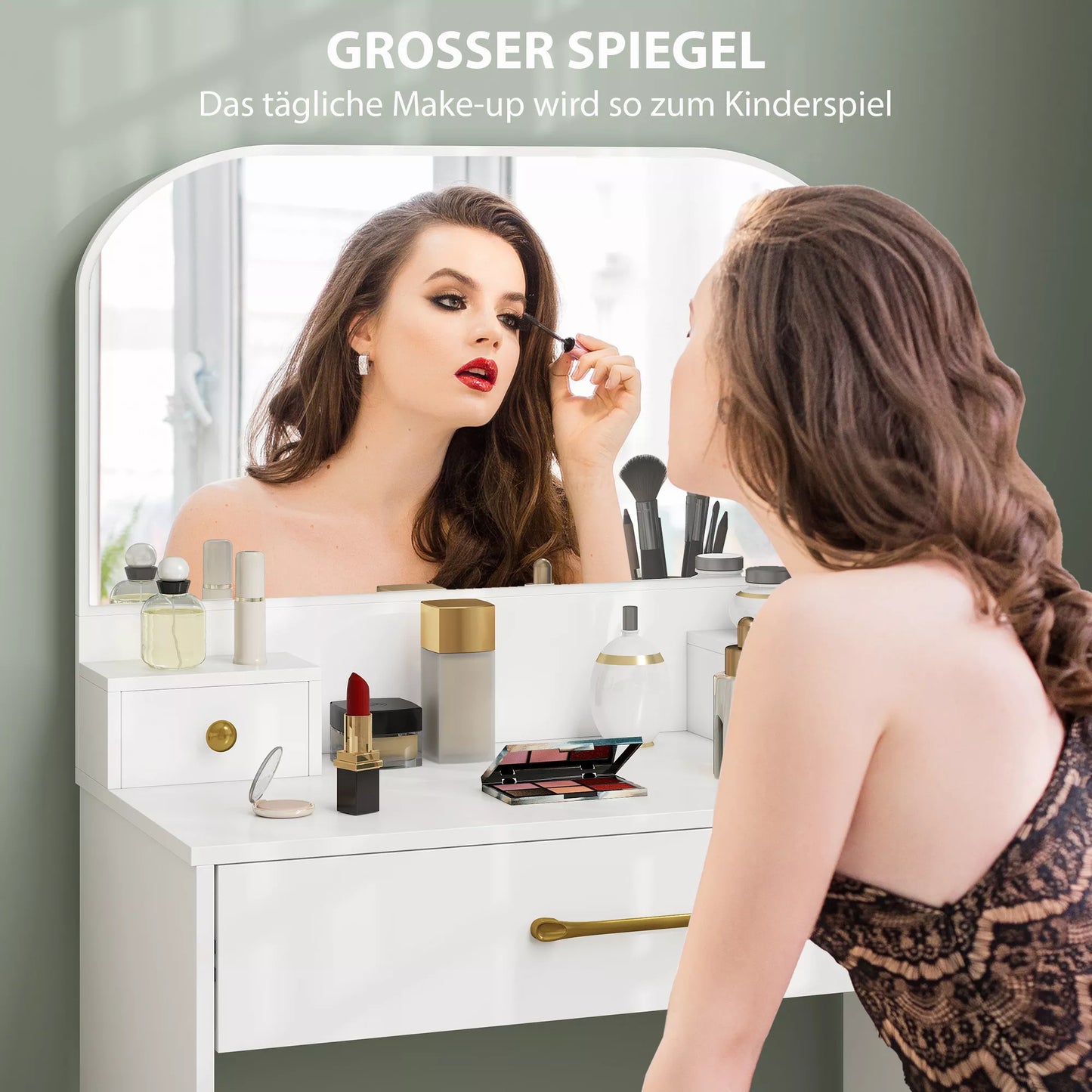 Kosmetinis makiažo staliukas su veidrodžiu ir 3 stalčiais, mdf ir pušies mediena, 80x40x130 cm, balta