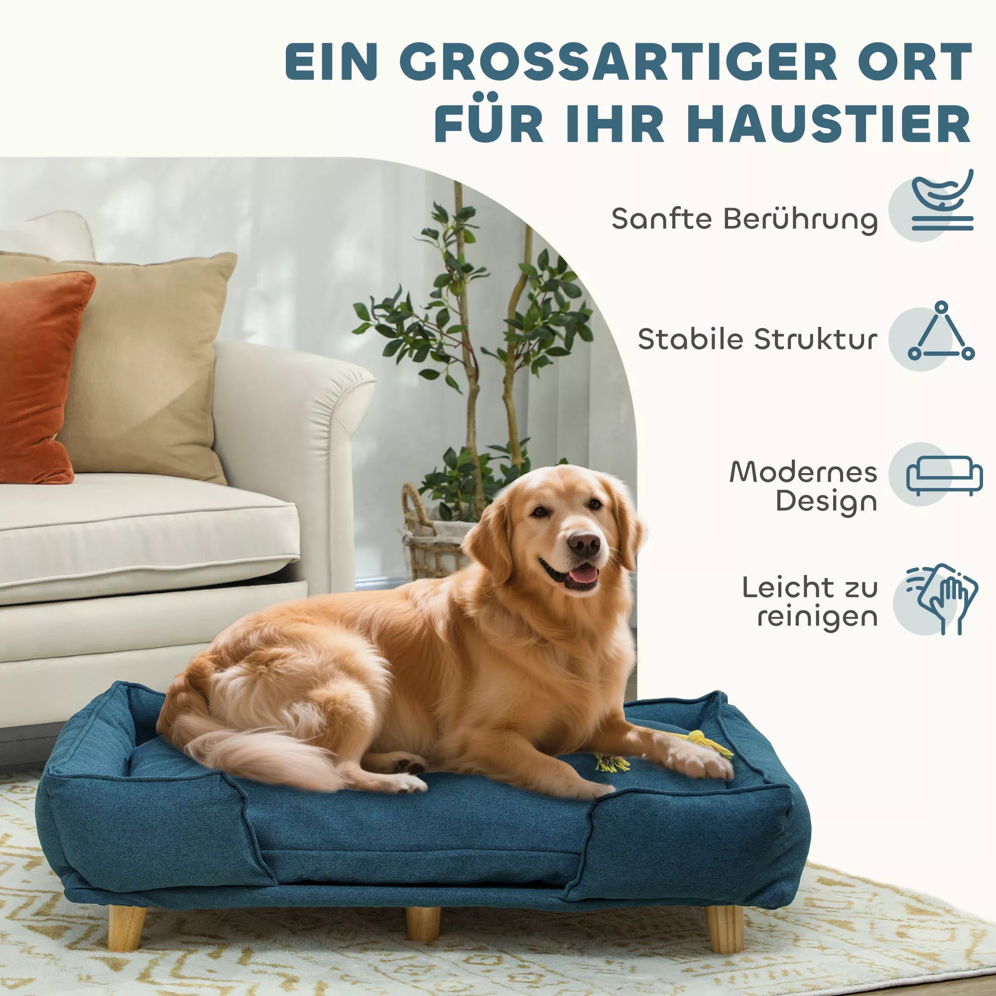 Šunų sofa, naminių gyvūnų sofa, naminių gyvūnų lovelė, nuimamas ir skalbiamas apmušalas, natūralus + tamsiai mėlynas