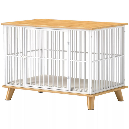 Šunų narvas su užrakinamomis durimis, nuimama pagalvėlė, gera ventiliacija, plienas, 86x60x70 cm, balta+pilka