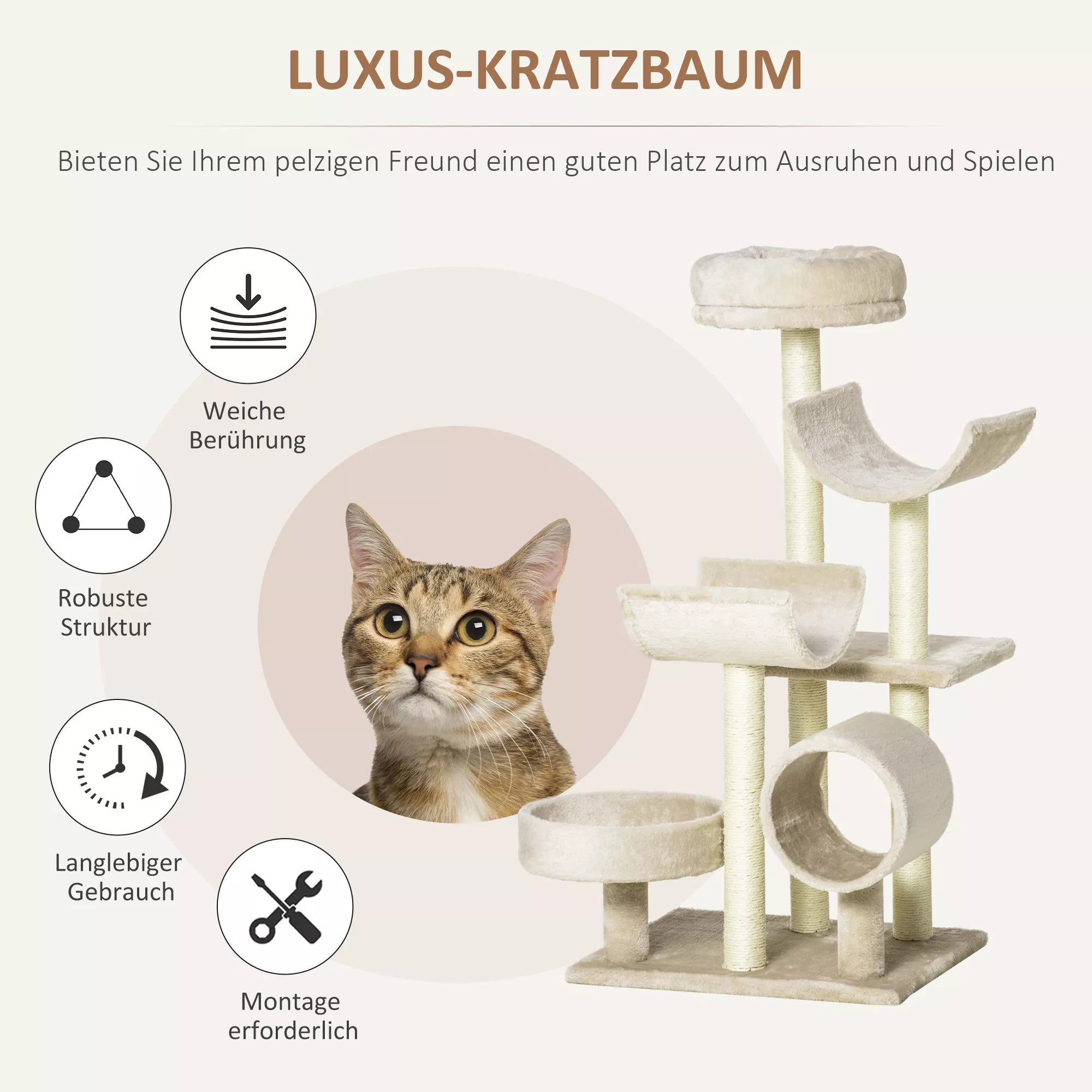 Katės draskyklė su tuneliu ir platformomis, 105 cm, smėlio spalvos