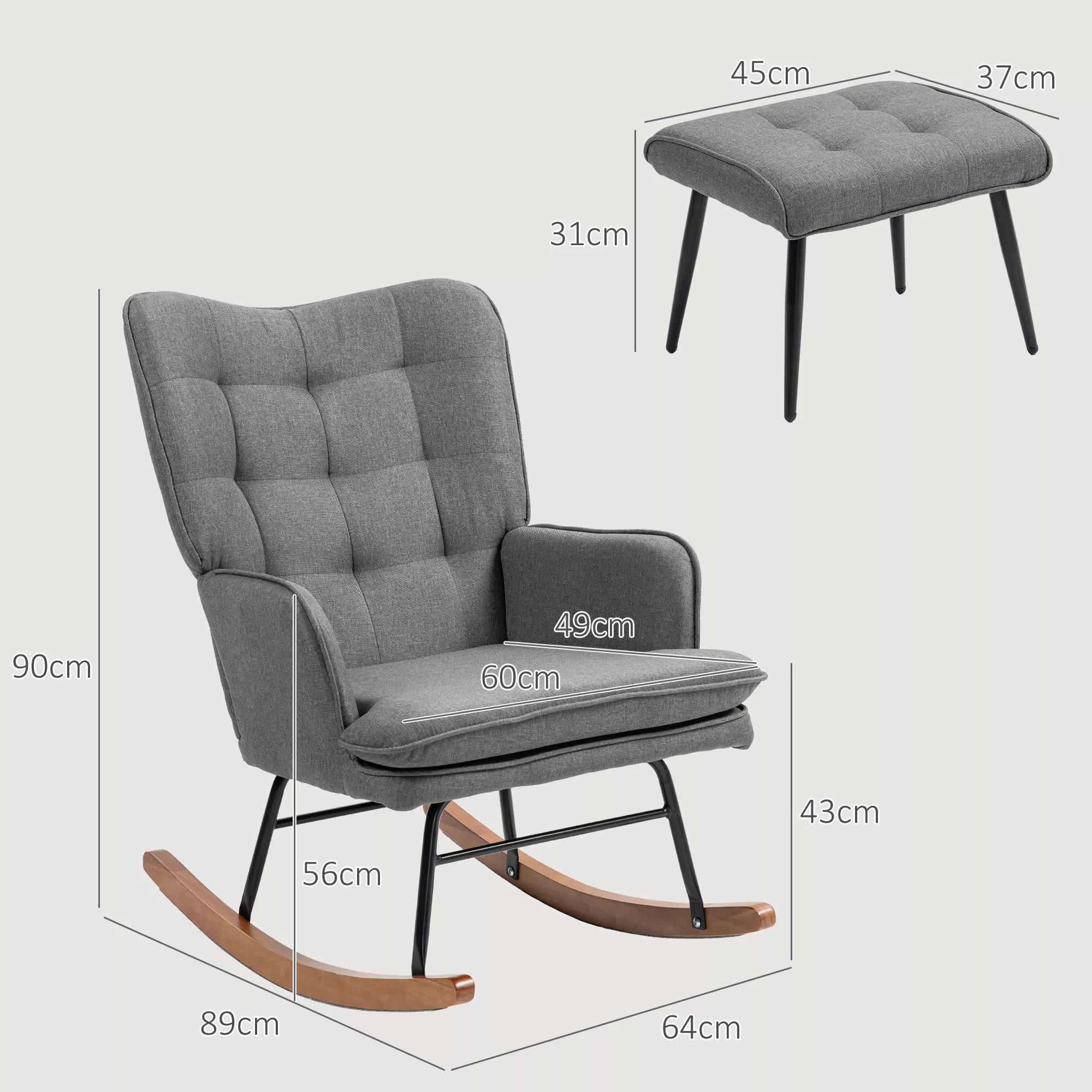 Supamojo krėslo matmenų schema su išmatavimais