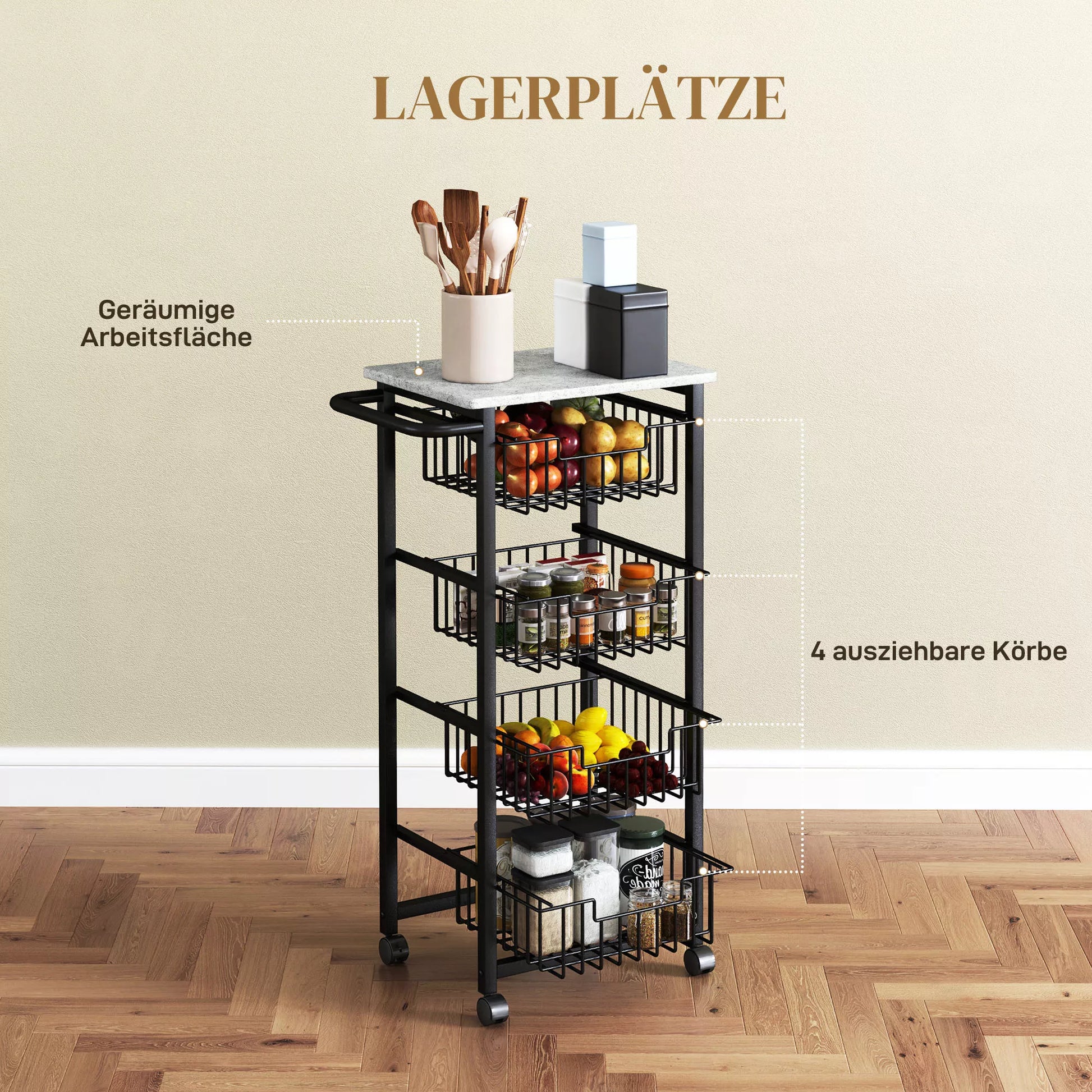 4 pakopų virtuvės vežimėliai su ratukais, riedamasis padavimo vežimėlis, virtuvės vežimėlis su 4 plieniniais krepšeliais, padavimo vežimėlis