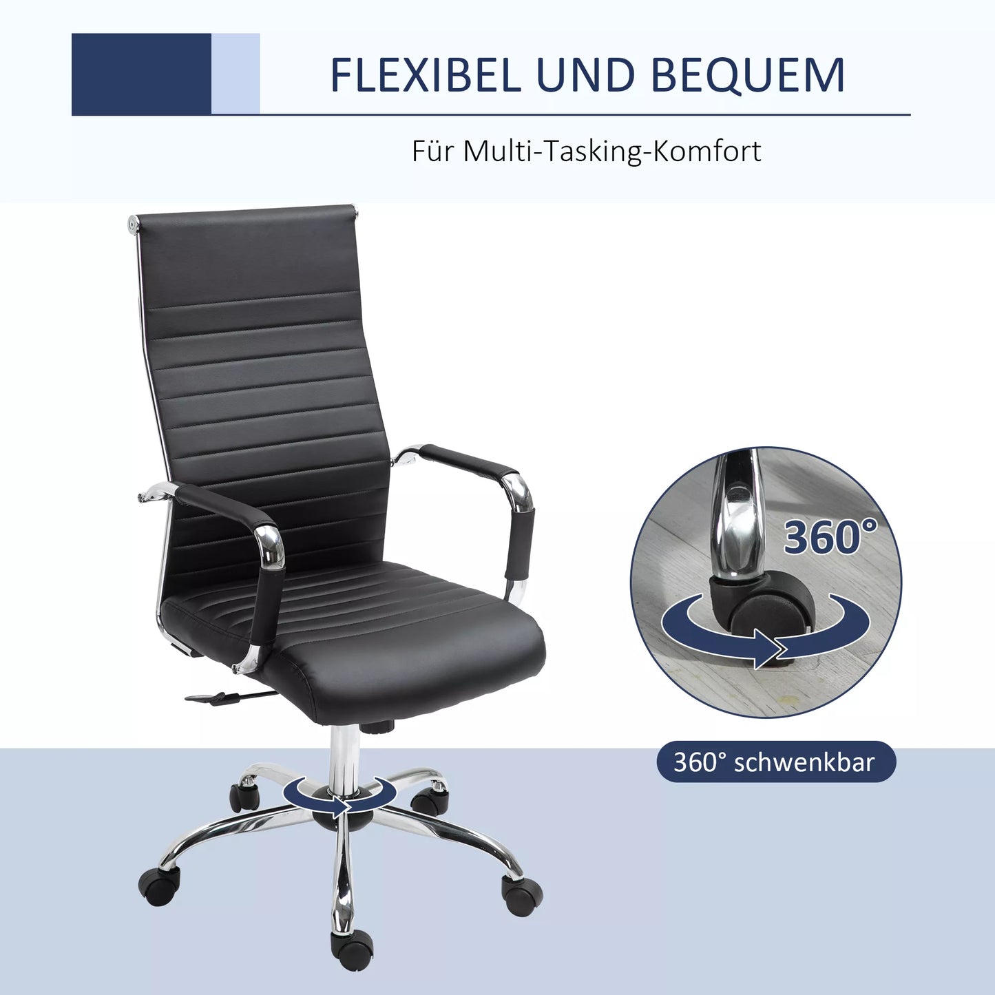 Ergonomiška biuro kėdė su svyravimo funkcija, aukščio reguliuojama vadovo pasukama kėdė, paminkštinta dirbtine oda ir putplasčiu, juoda, 54 x 62 x 104-114 cm