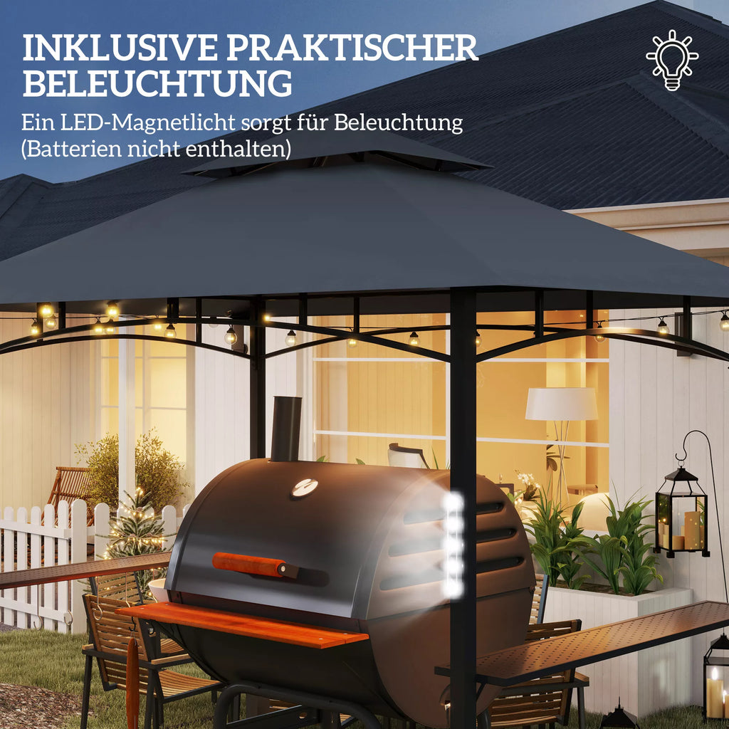 Grill paviljonas, sodo grilio palapinė su prieskonių lentynomis, LED apšvietimas, metalas, plastikas, 243L x 148B x 248H cm, pilkos spalvos