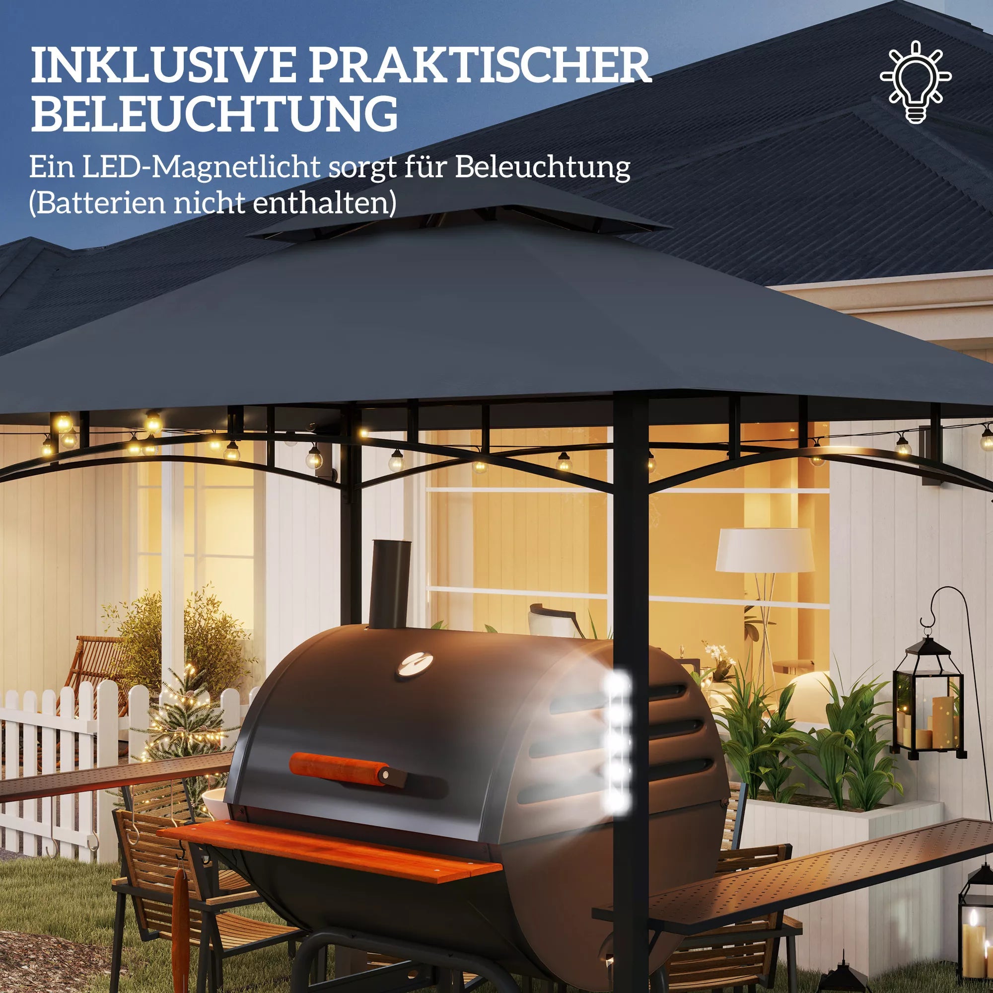 Grill paviljonas, sodo grilio palapinė su prieskonių lentynomis, LED apšvietimas, metalas, plastikas, 243L x 148B x 248H cm, pilkos spalvos