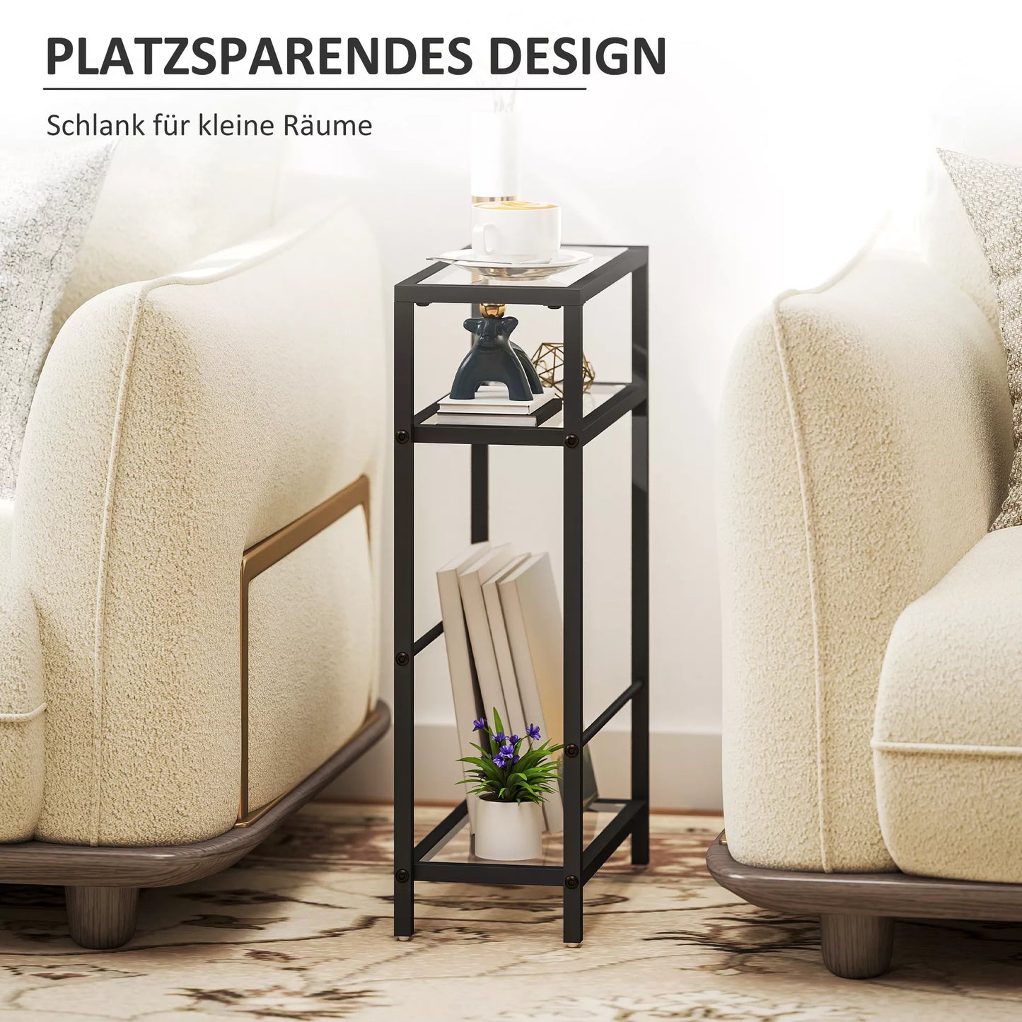 3 pakopų lentyna su stiklinėmis plokštėmis, 18 cm pločio, plieninis rėmas, skersinės atramos, juoda