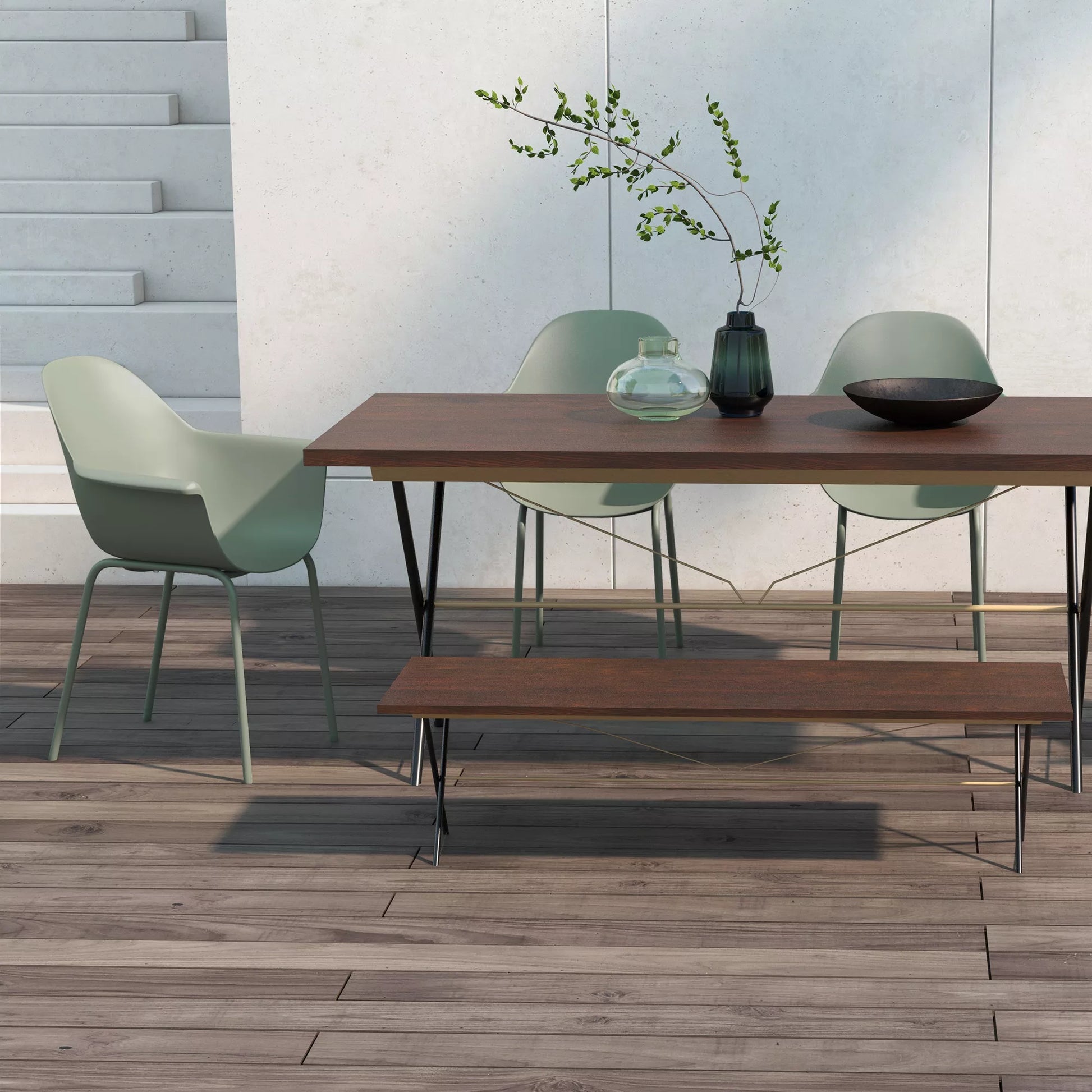 Sodo kėdžių rinkinys (4 vnt.), su atlošu/porankiais, atsparus atmosferos poveikiui, iki 120 kg, plastikas/metalas, žalias