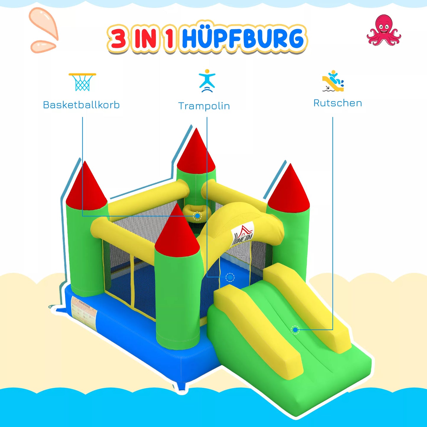 Pripučiama pilis su čiuožykla ir saugos tinklu, iki 100 kg, 3-10 metų, 300x180x160cm