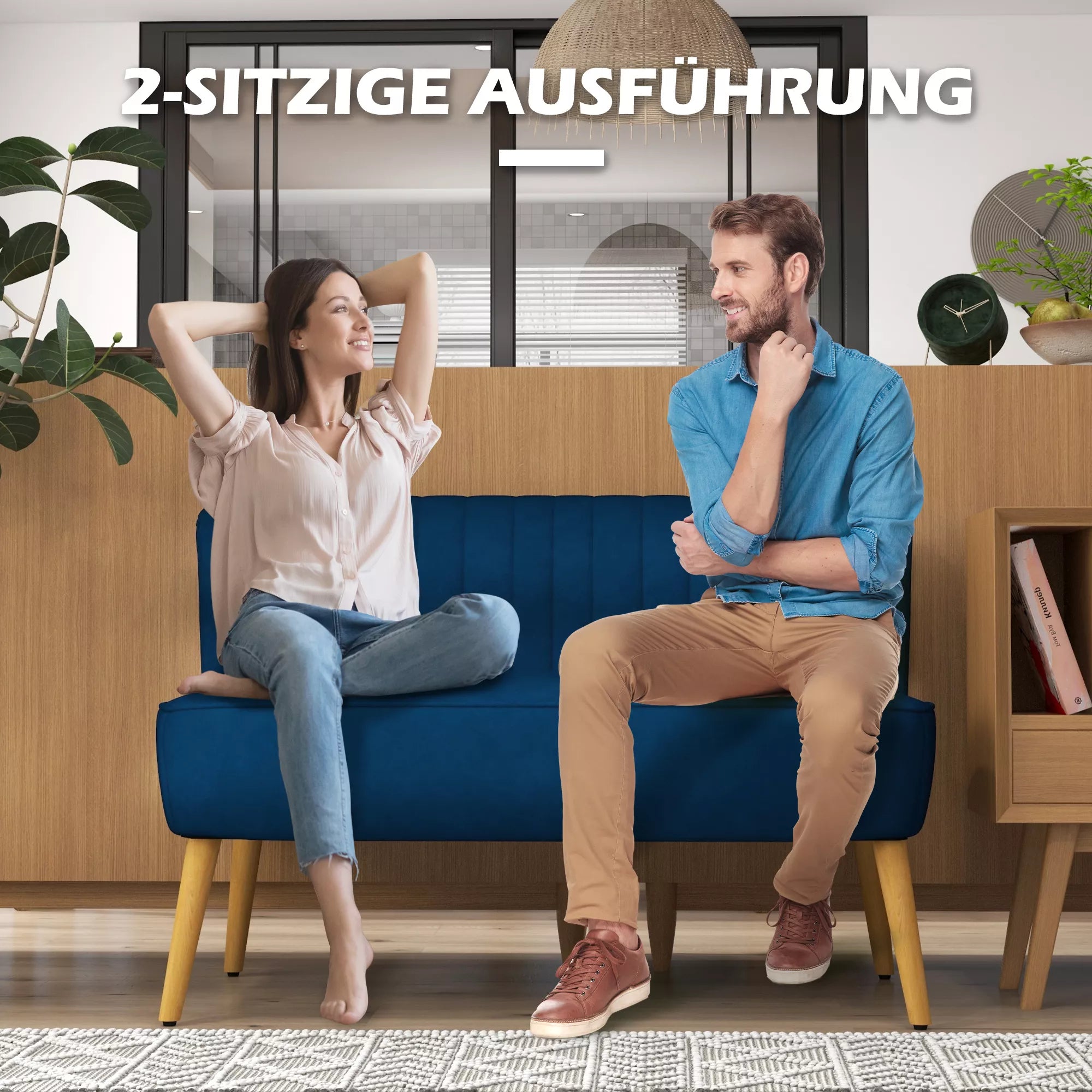 Sofos Retrodesign 2-vietė sofa, medinės kojos, 117 cm x 56,5 cm x 77 cm, mėlyna