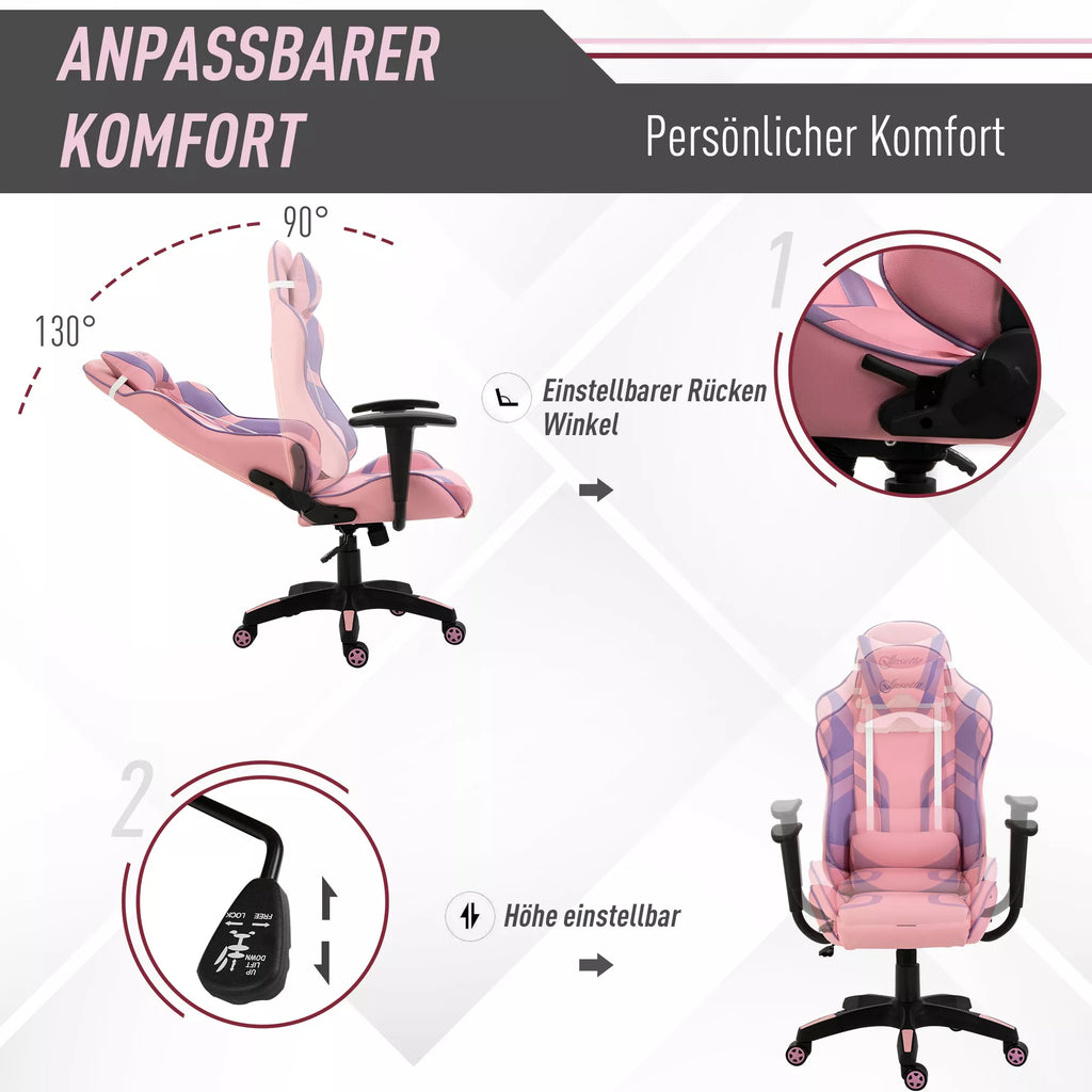 Ergonomiška žaidimų kėdė, biuro kėdė, sukamoji kėdė su reguliuojama masažine juosmens atrama, aukščio reguliavimo, rožinė ir violetinė, 69x56x125,5 cm