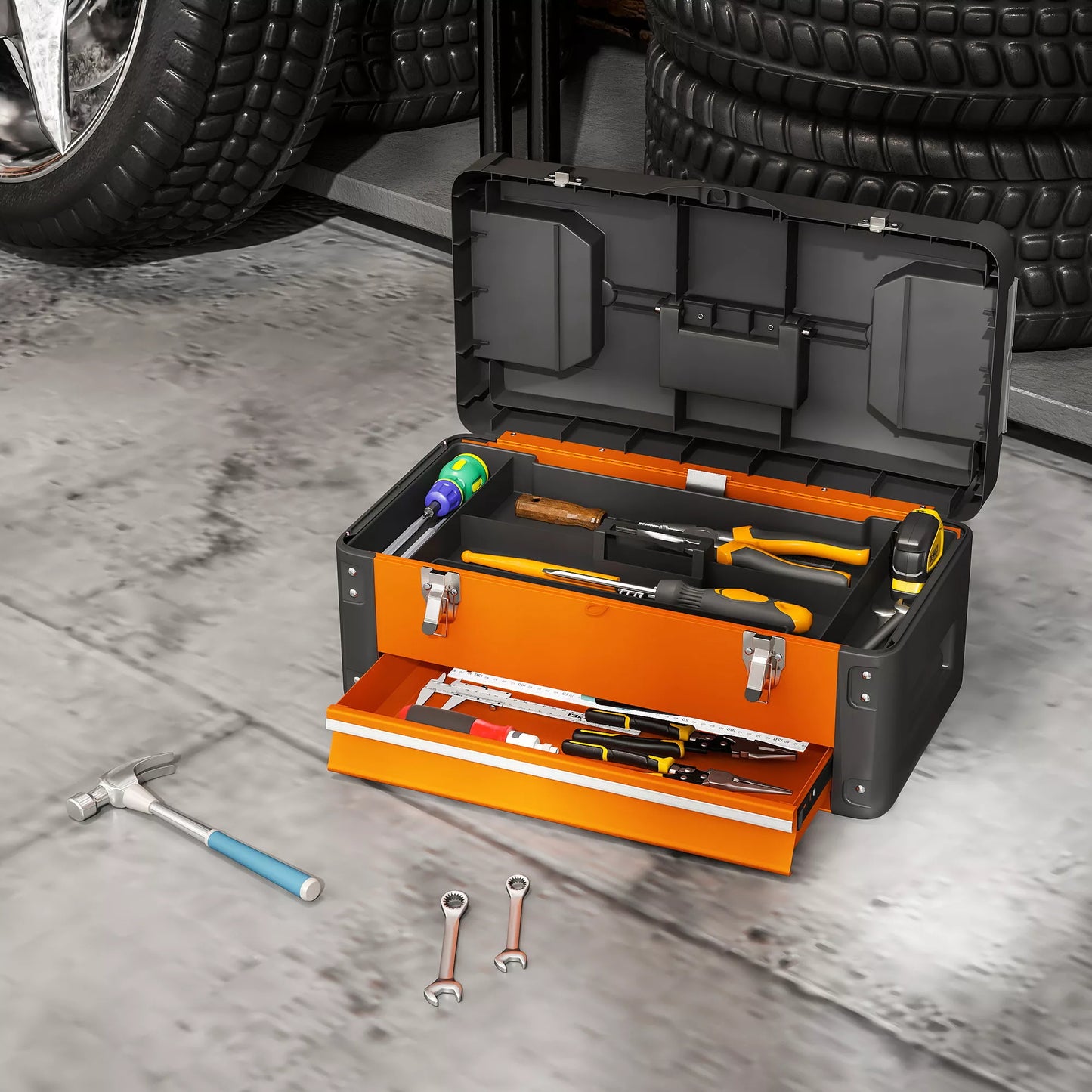 Tuščia įrankių dėžė, 49,7 x 25,3 x 23 cm, įrankių dėžė su stalčiumi, mini dėžutė, plieninė, oranžinė