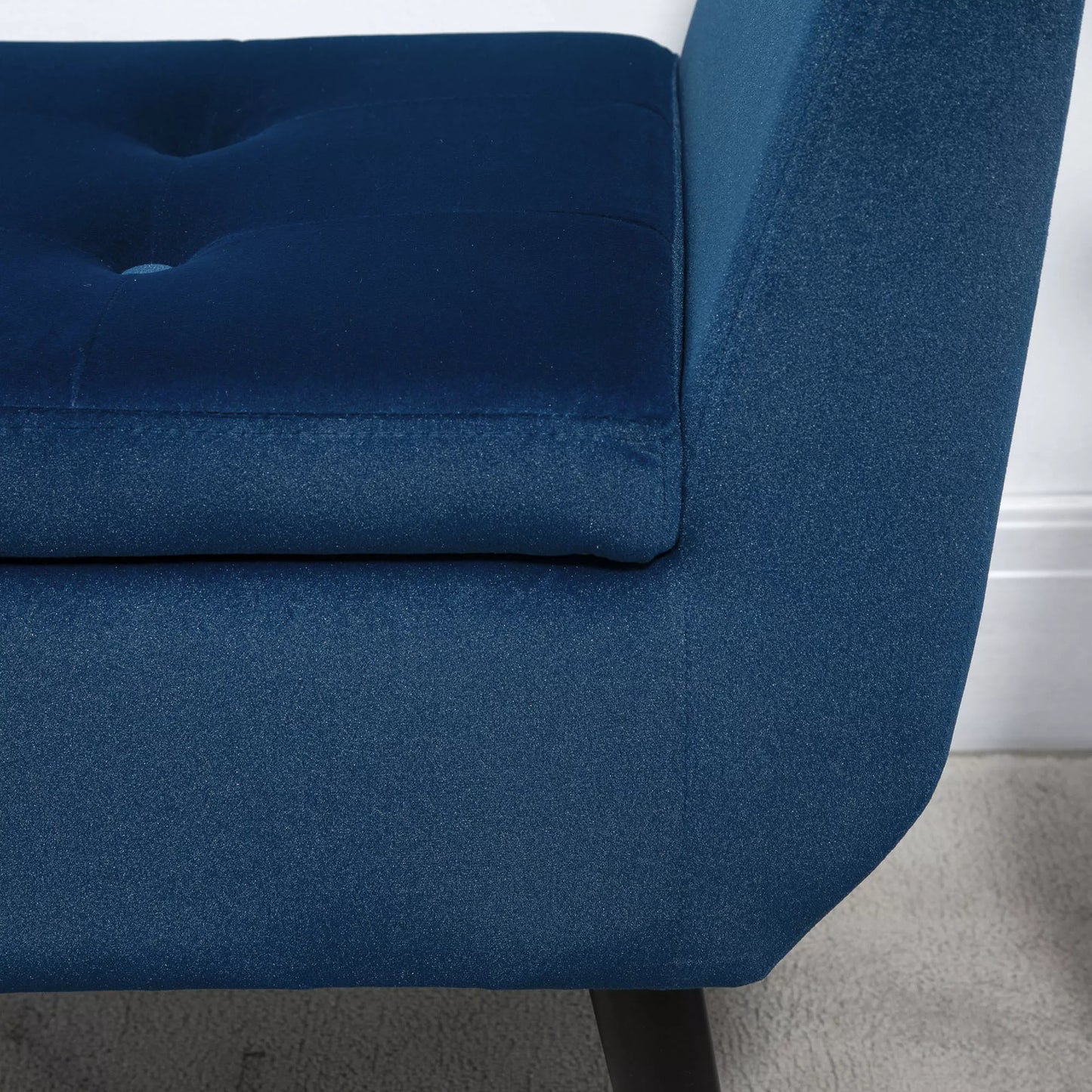 Sėdimoji daiktadėžė su porankiais ir aksomo išvaizda, su medinėmis kojelėmis, skirta svetainei, miegamajam, koridoriui, 107 x 42 x 65 cm, Mėlyna