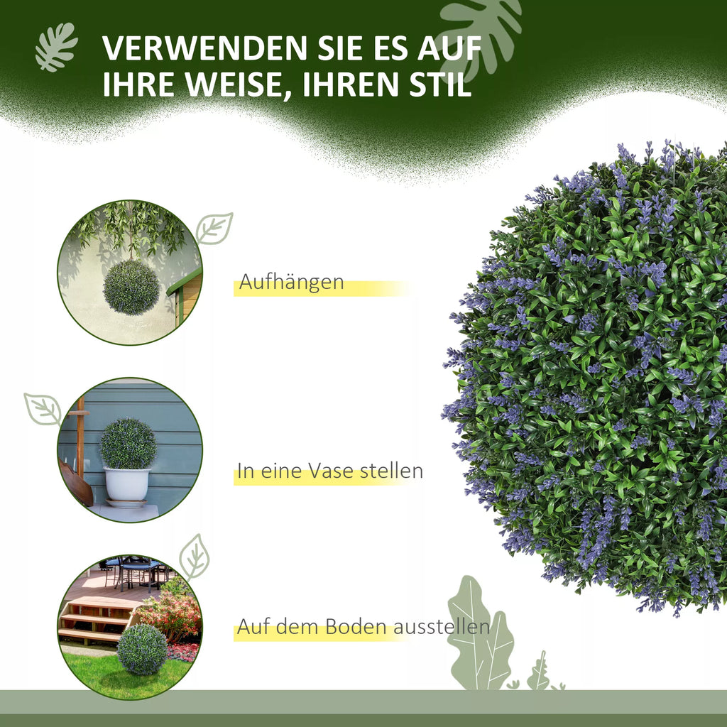 2 vnt. dirbtinių augalų rinkinys, rutulio formos, atsparūs UV spinduliams, dirbtiniai augalai, skirti naudoti viduje ir lauke, 42 cm, žali + violetiniai