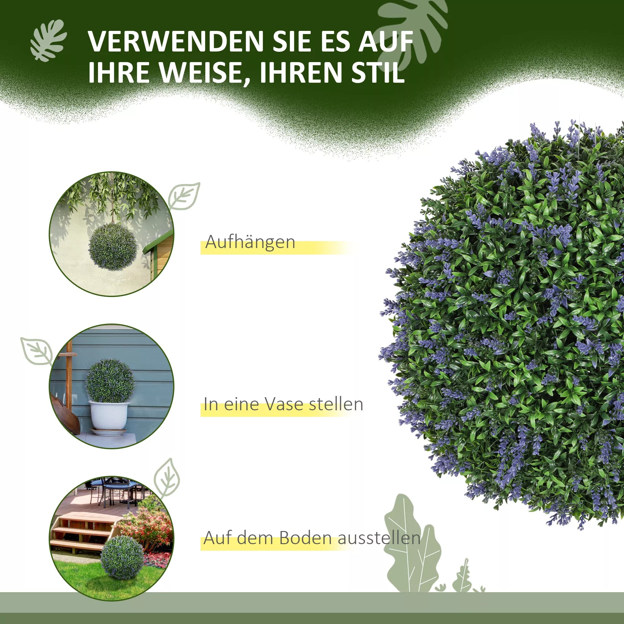 2 vnt. dirbtinių augalų rinkinys, rutulio formos, atsparūs UV spinduliams, dirbtiniai augalai, skirti naudoti viduje ir lauke, 42 cm, žali + violetiniai