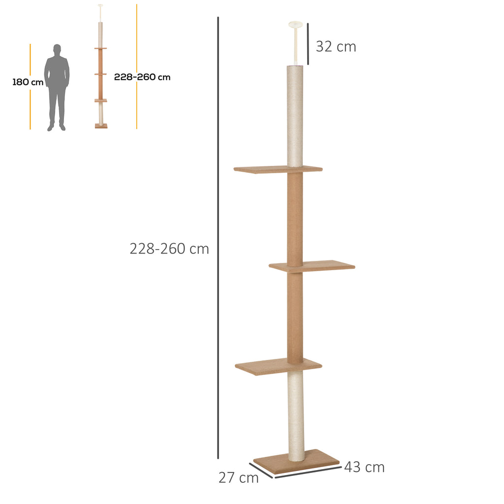 Kratzbaum Deckenhoch, 228-260 cm aukščio reguliuojamas kačių medis, 3 lygių kačių medis, kačių medžiojimo medis, žaidimų medis nuo grindų iki lubų, chaki spalvos