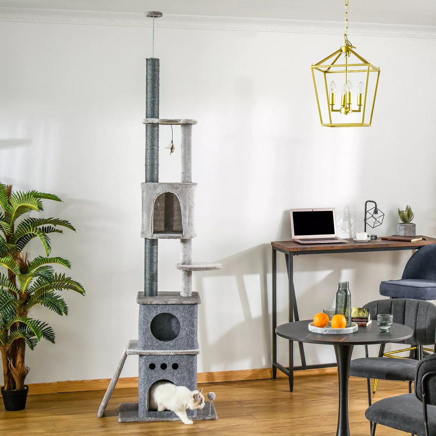 Kačių draskyklė, iki lubų, su žaislais, sizalis, pliušas, šviesiai pilka, reguliuojamo aukščio, 60 x 40 x 225-255 cm