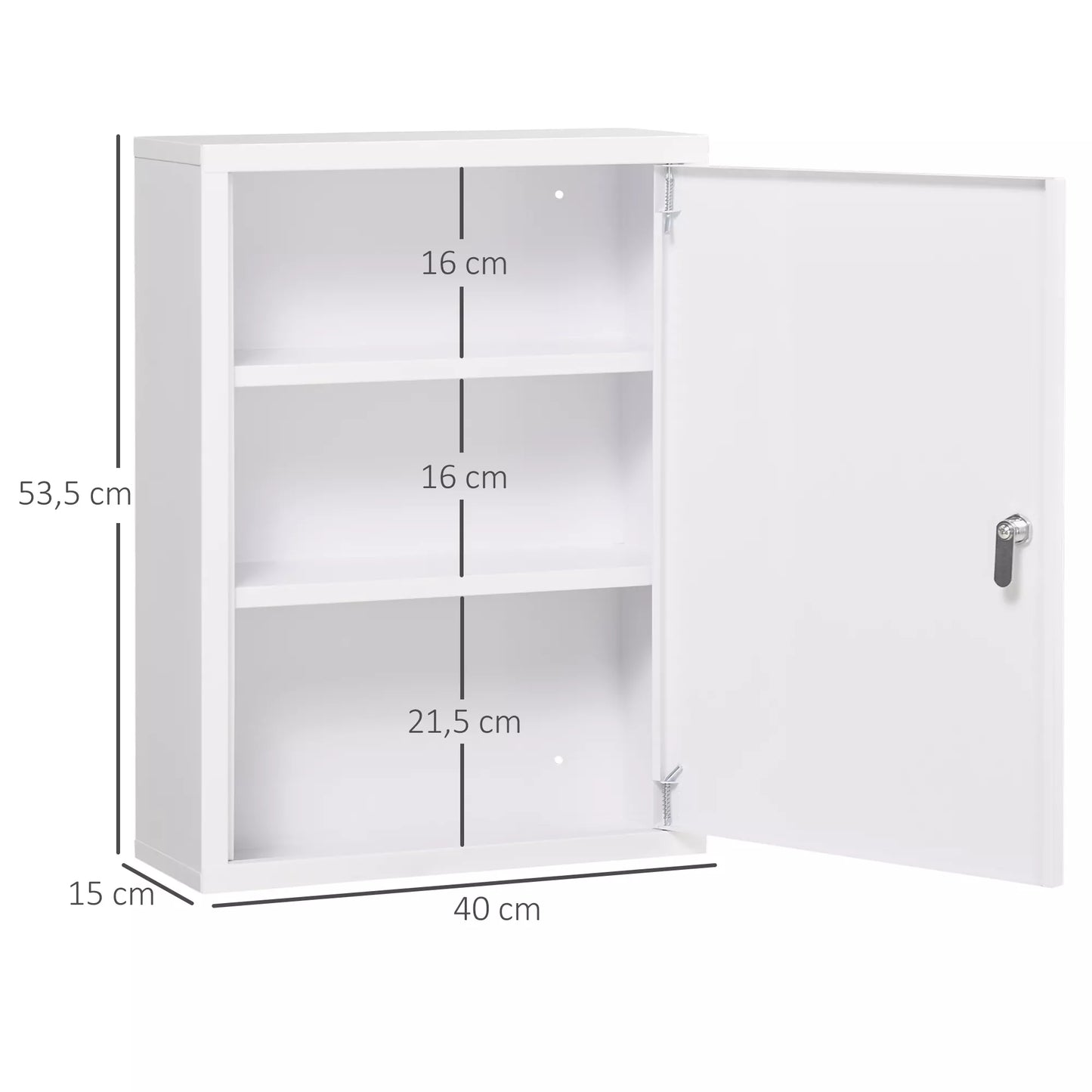 Vaistinėlė, 3 skyriai, su užrakinamos durimis, tvirtas plieninis korpusas, balta, 40 x 15 x 53,5 cm