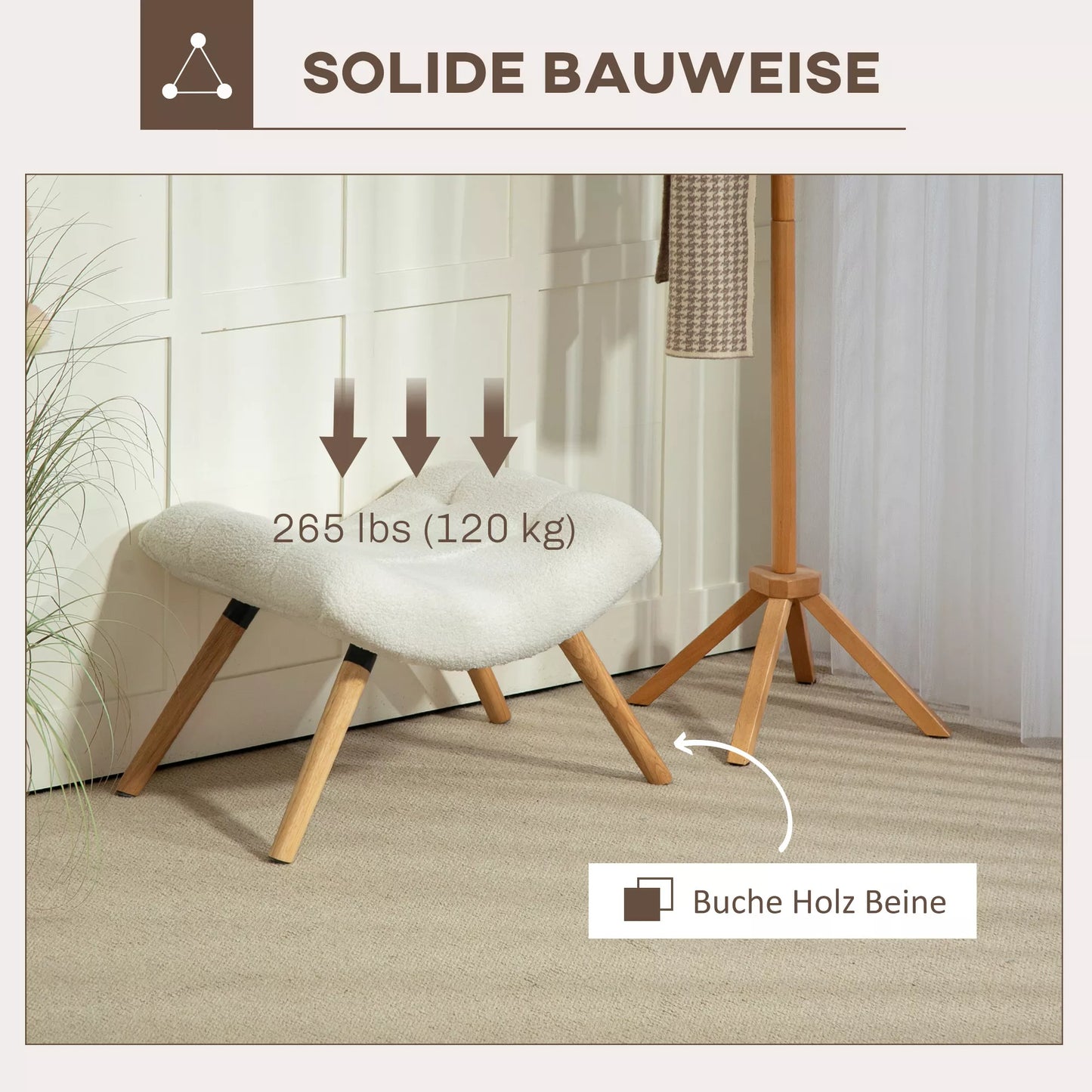 Modernus minkštas pufas su vilnos užvalkalu ir medinėmis kojomis, skirtas svetainei, miegamajam, koridoriui, kreminės baltos spalvos