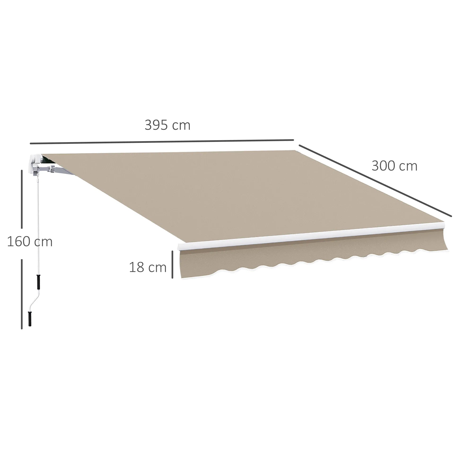Markizės matmenų schema: 395 cm plotis, 300 cm gylis, 160 cm aukštis